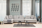 Sofá de canto elegante, cinza claro, 140 x 385 x 200 cm | Estrutura em madeira de faia e aglomerado, 100% poliéster, almofadas de espuma macia, pernas de metal preto, 2 almofadas incluídas