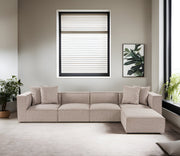 Sofá de canto elegante bege areia, 350 cm | Estrutura 100% madeira de carpa, tecido 100% linho, espuma 32 DNS, pernas de plástico | Elegante e confortável para salas de estar modernas