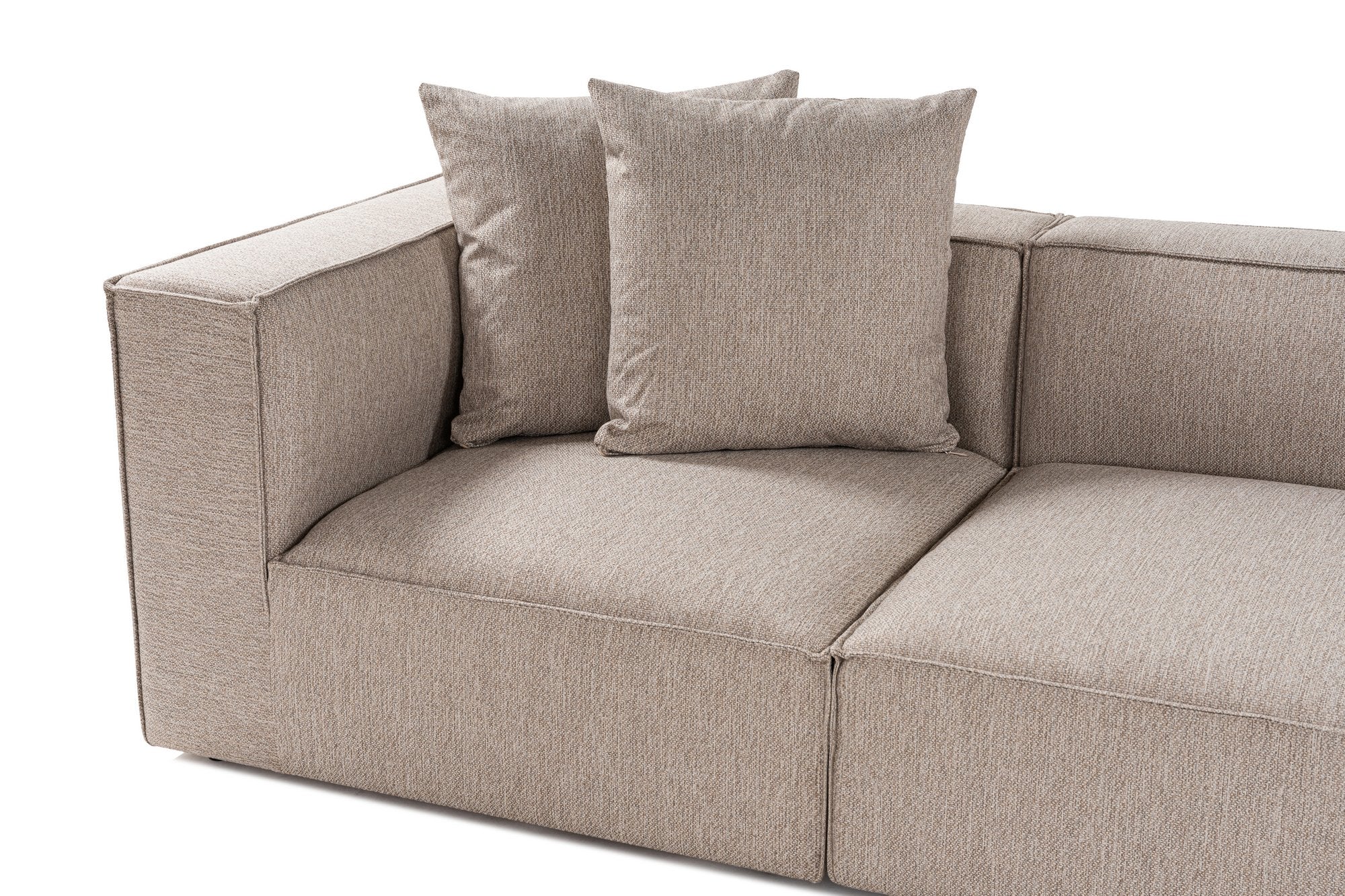 Sofá de canto elegante bege areia, 350 cm | Estrutura 100% madeira de carpa, tecido 100% linho, espuma 32 DNS, pernas de plástico | Elegante e confortável para salas de estar modernas
