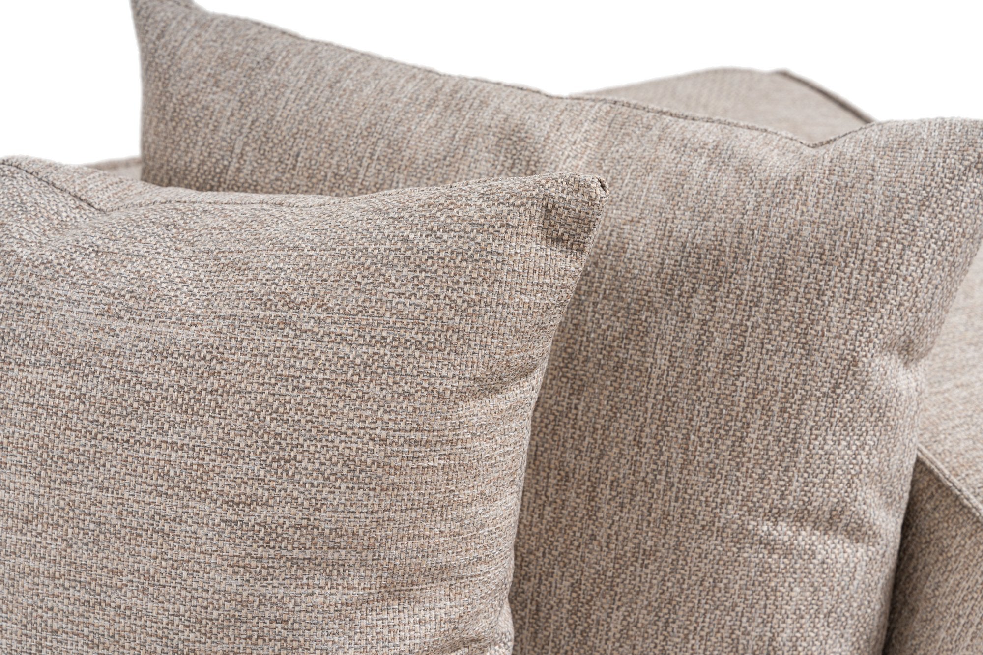 Sofá de canto elegante bege areia, 350 cm | Estrutura 100% madeira de carpa, tecido 100% linho, espuma 32 DNS, pernas de plástico | Elegante e confortável para salas de estar modernas