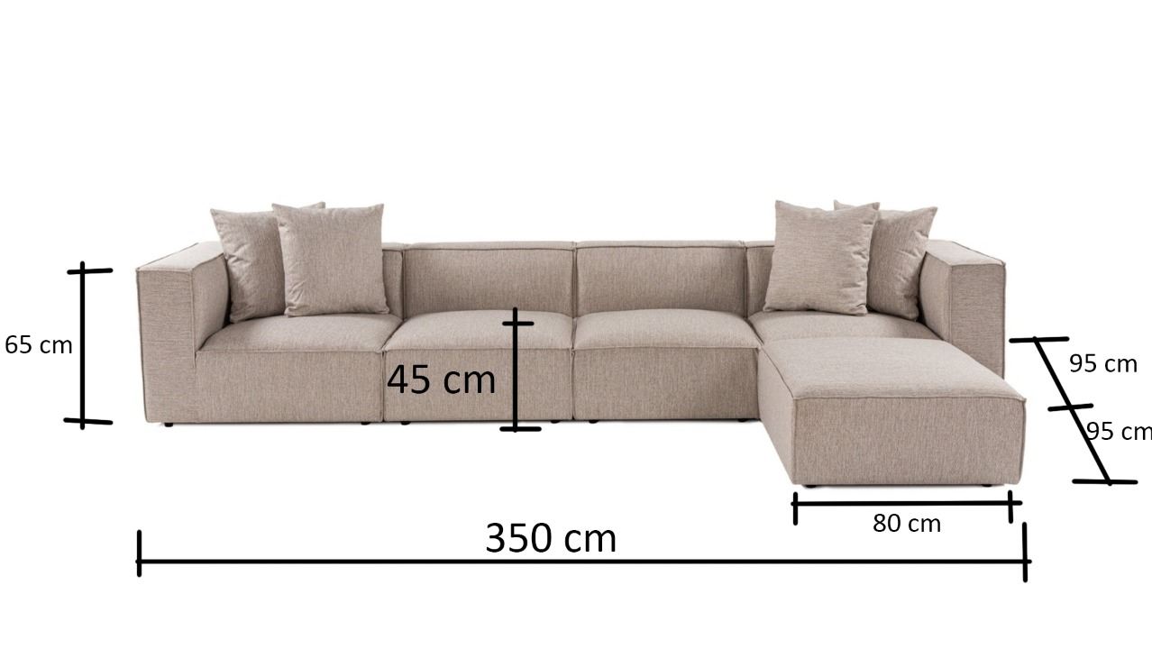 Sofá de canto elegante bege areia, 350 cm | Estrutura 100% madeira de carpa, tecido 100% linho, espuma 32 DNS, pernas de plástico | Elegante e confortável para salas de estar modernas