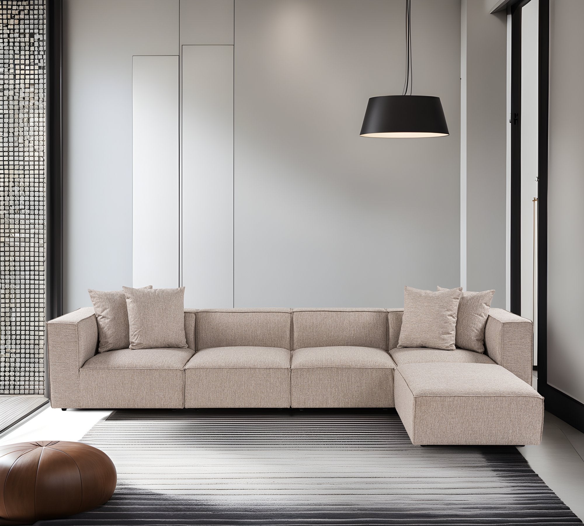 Sofá de canto elegante bege areia, 350 cm | Estrutura 100% madeira de carpa, tecido 100% linho, espuma 32 DNS, pernas de plástico | Elegante e confortável para salas de estar modernas