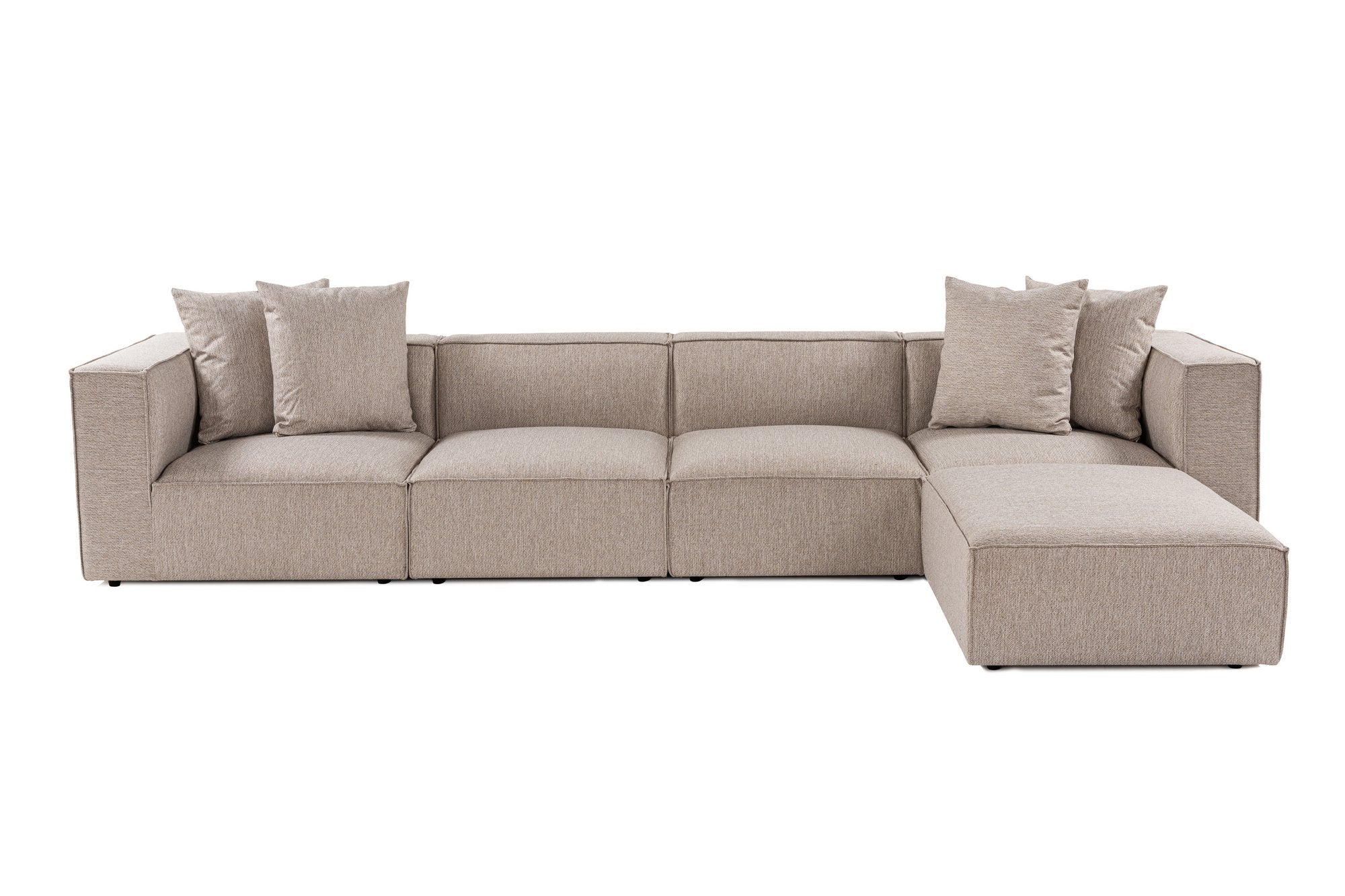 Sofá de canto elegante bege areia, 350 cm | Estrutura 100% madeira de carpa, tecido 100% linho, espuma 32 DNS, pernas de plástico | Elegante e confortável para salas de estar modernas