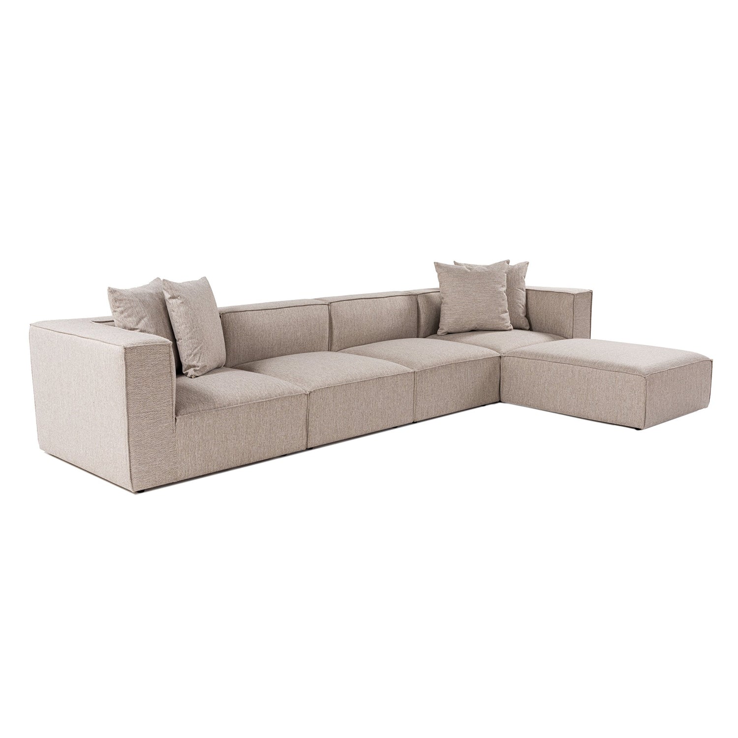 Sofá de canto elegante bege areia, 350 cm | Estrutura 100% madeira de carpa, tecido 100% linho, espuma 32 DNS, pernas de plástico | Elegante e confortável para salas de estar modernas