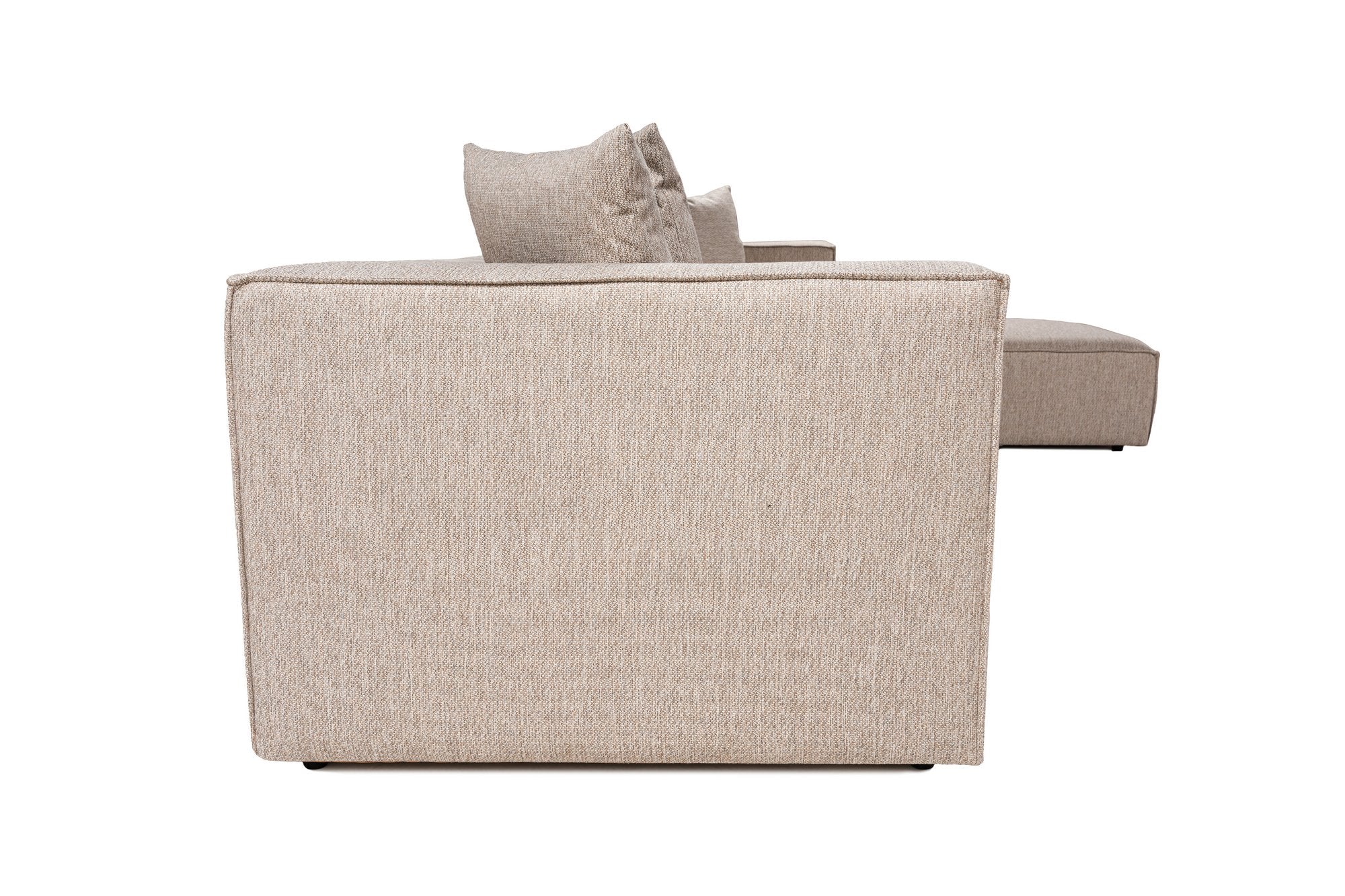 Sofá de canto elegante bege areia, 350 cm | Estrutura 100% madeira de carpa, tecido 100% linho, espuma 32 DNS, pernas de plástico | Elegante e confortável para salas de estar modernas
