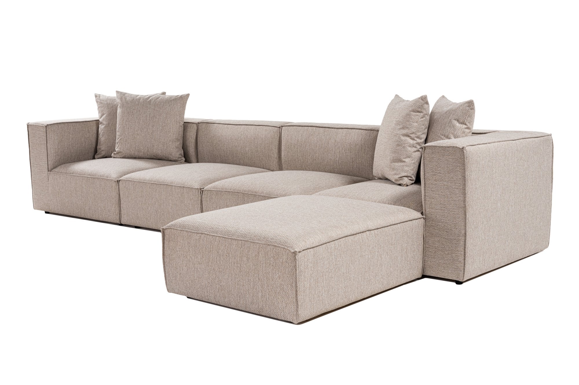 Sofá de canto elegante bege areia, 350 cm | Estrutura 100% madeira de carpa, tecido 100% linho, espuma 32 DNS, pernas de plástico | Elegante e confortável para salas de estar modernas