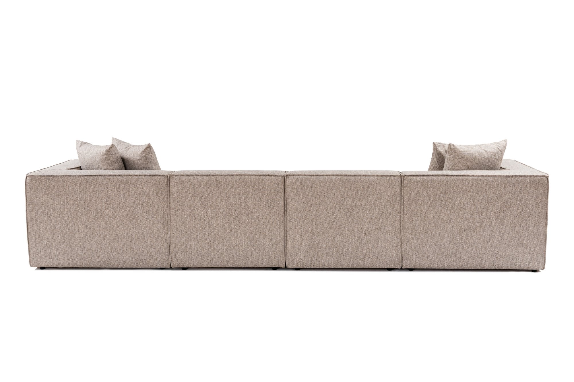 Sofá de canto elegante bege areia, 350 cm | Estrutura 100% madeira de carpa, tecido 100% linho, espuma 32 DNS, pernas de plástico | Elegante e confortável para salas de estar modernas