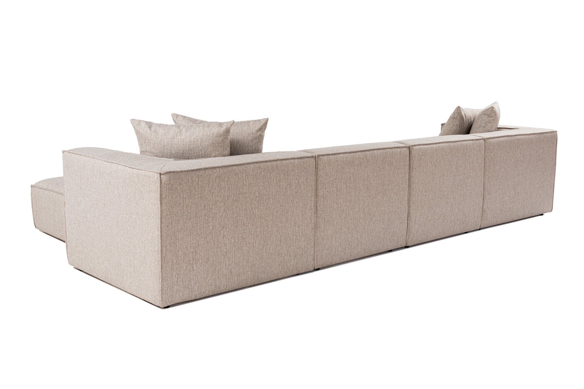 Sofá de canto elegante bege areia, 350 cm | Estrutura 100% madeira de carpa, tecido 100% linho, espuma 32 DNS, pernas de plástico | Elegante e confortável para salas de estar modernas