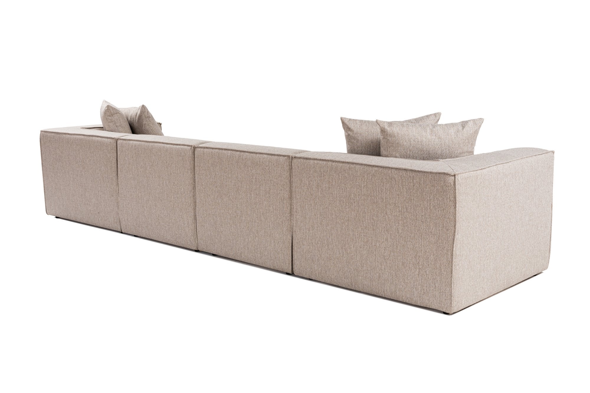 Sofá de canto elegante bege areia, 350 cm | Estrutura 100% madeira de carpa, tecido 100% linho, espuma 32 DNS, pernas de plástico | Elegante e confortável para salas de estar modernas