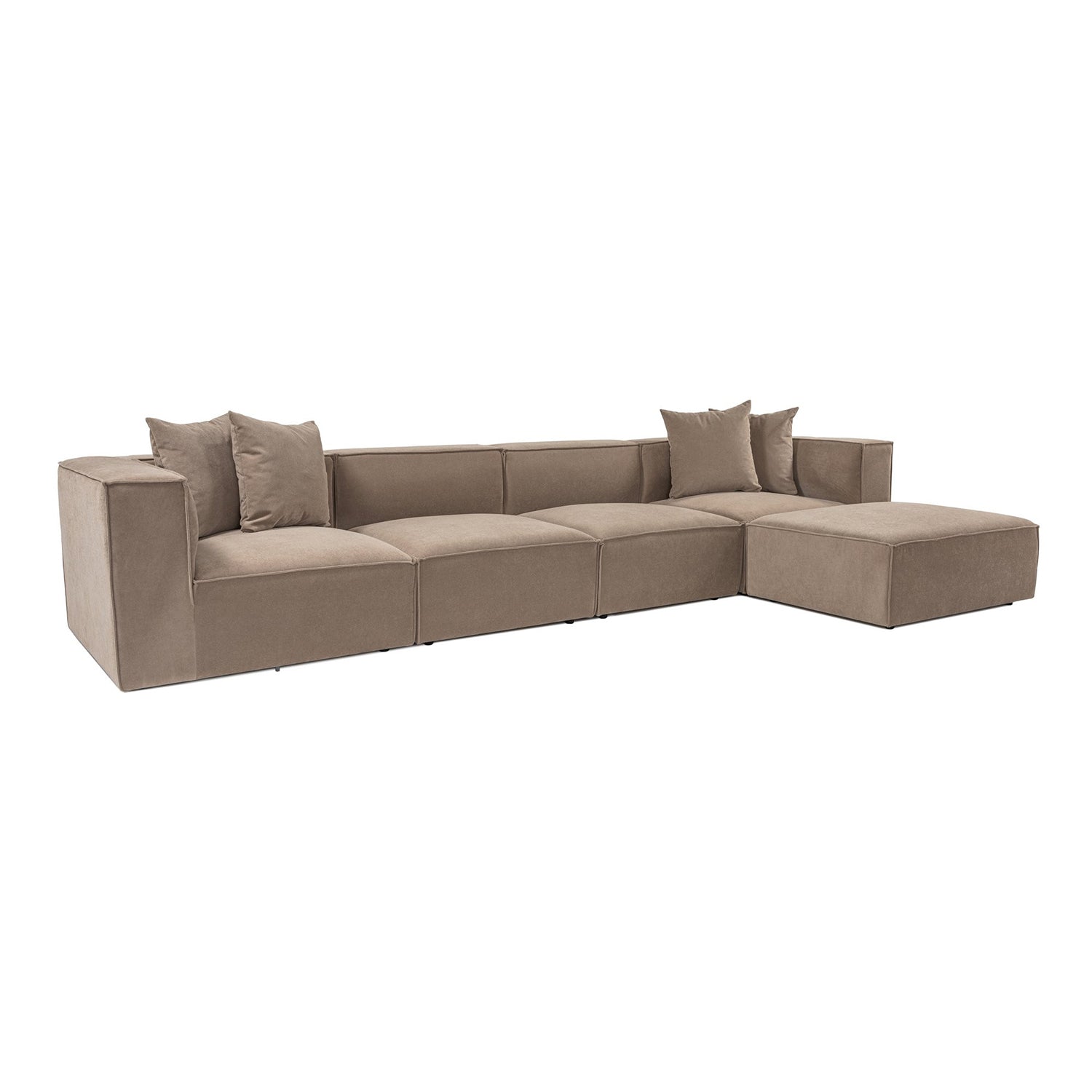 Sofá de Canto Cappuccino com Puff, 350 cm x 190 cm | Estrutura 100% madeira de carpa, tecido 100% linho, espuma 32 DNS | Elegante e confortável para espaços de convivência modernos