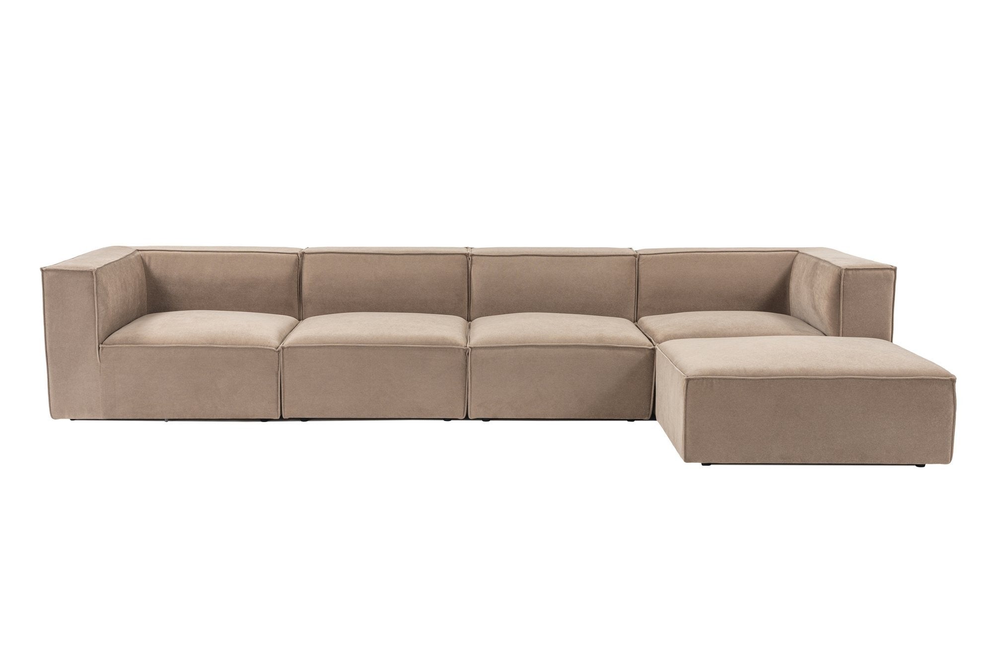 Sofá de Canto Cappuccino com Puff, 350 cm x 190 cm | Estrutura 100% madeira de carpa, tecido 100% linho, espuma 32 DNS | Elegante e confortável para espaços de convivência modernos