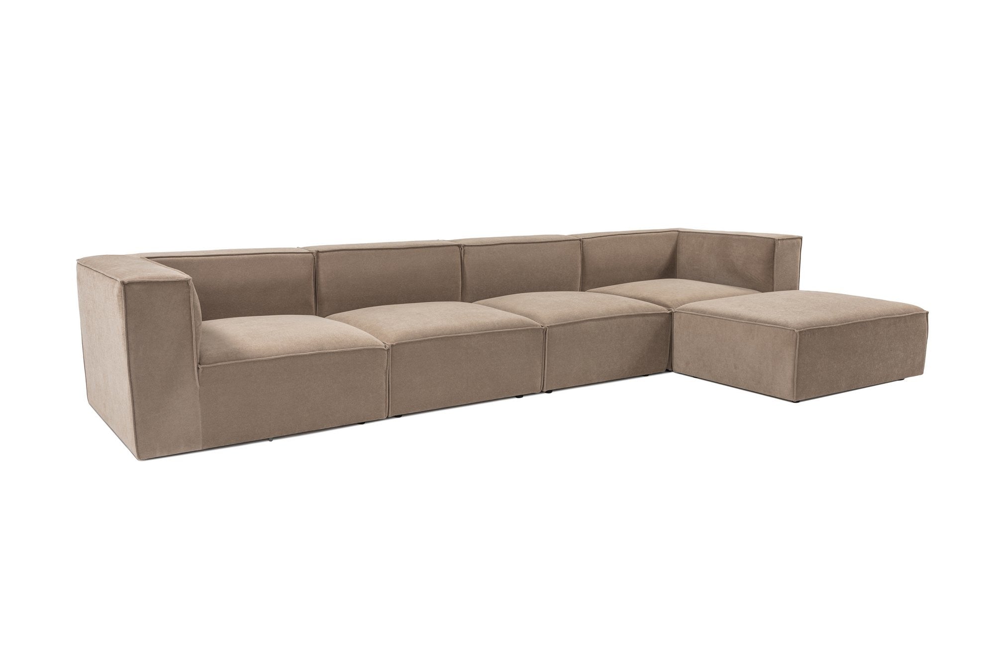Sofá de Canto Cappuccino com Puff, 350 cm x 190 cm | Estrutura 100% madeira de carpa, tecido 100% linho, espuma 32 DNS | Elegante e confortável para espaços de convivência modernos