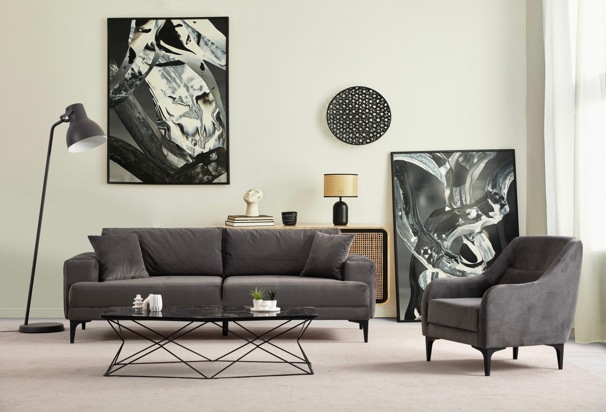 Sofá elegante de 3 lugares, antracite, 234 x 100 x 78 cm | Estrutura em madeira de faia, 100% poliéster, almofadas de espuma macia | Perfeito para salas de estar modernas