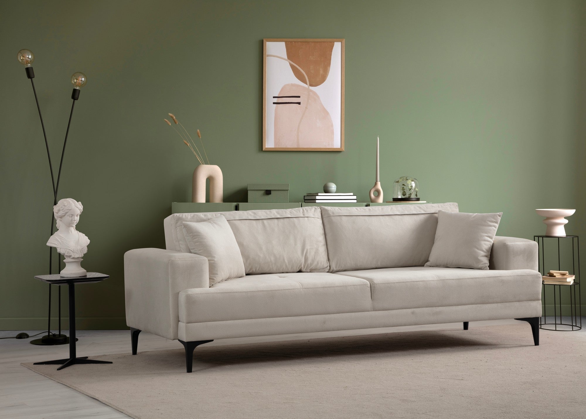 Sofá elegante de 3 lugares, cor crua, 234 x 100 x 78 cm | Estrutura em madeira de faia, 100% poliéster, almofadas de espuma macia | Perfeito para salas de estar modernas