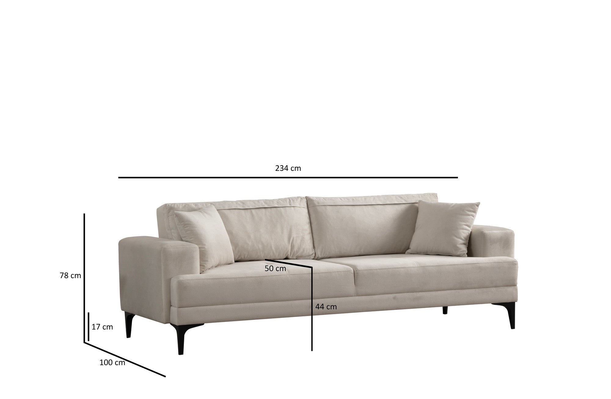 Sofá elegante de 3 lugares, cor crua, 234 x 100 x 78 cm | Estrutura em madeira de faia, 100% poliéster, almofadas de espuma macia | Perfeito para salas de estar modernas