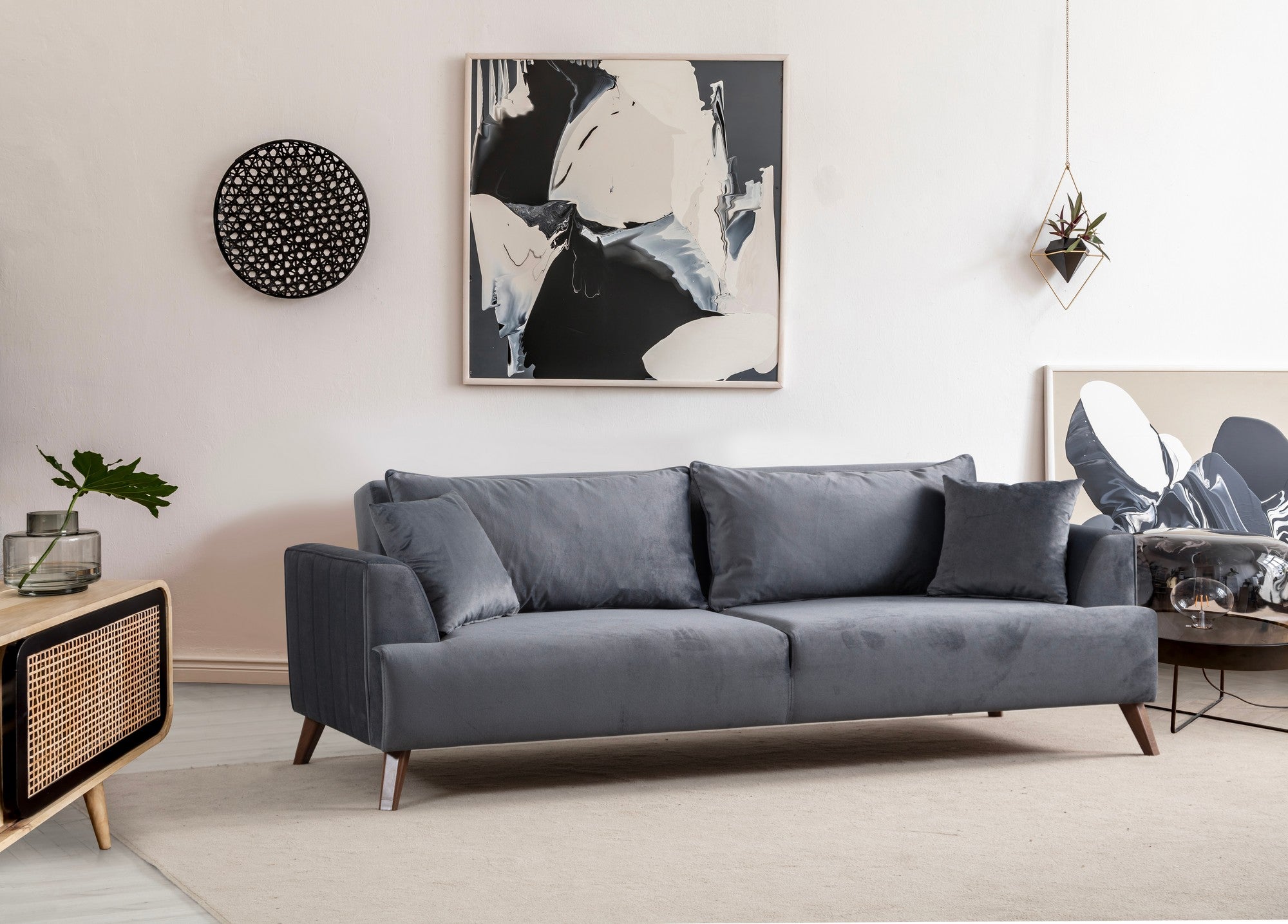 Sofá elegante de 3 lugares, cinza escuro, 220 x 100 x 78 cm | Estrutura em madeira de faia e aglomerado, 100% poliéster, lavável a seco | Design confortável e moderno para salas de estar