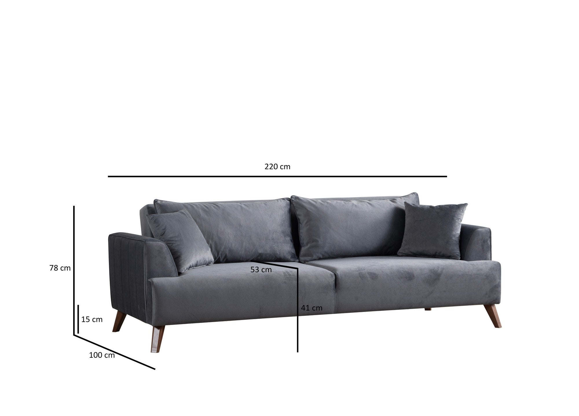 Sofá elegante de 3 lugares, cinza escuro, 220 x 100 x 78 cm | Estrutura em madeira de faia e aglomerado, 100% poliéster, lavável a seco | Design confortável e moderno para salas de estar