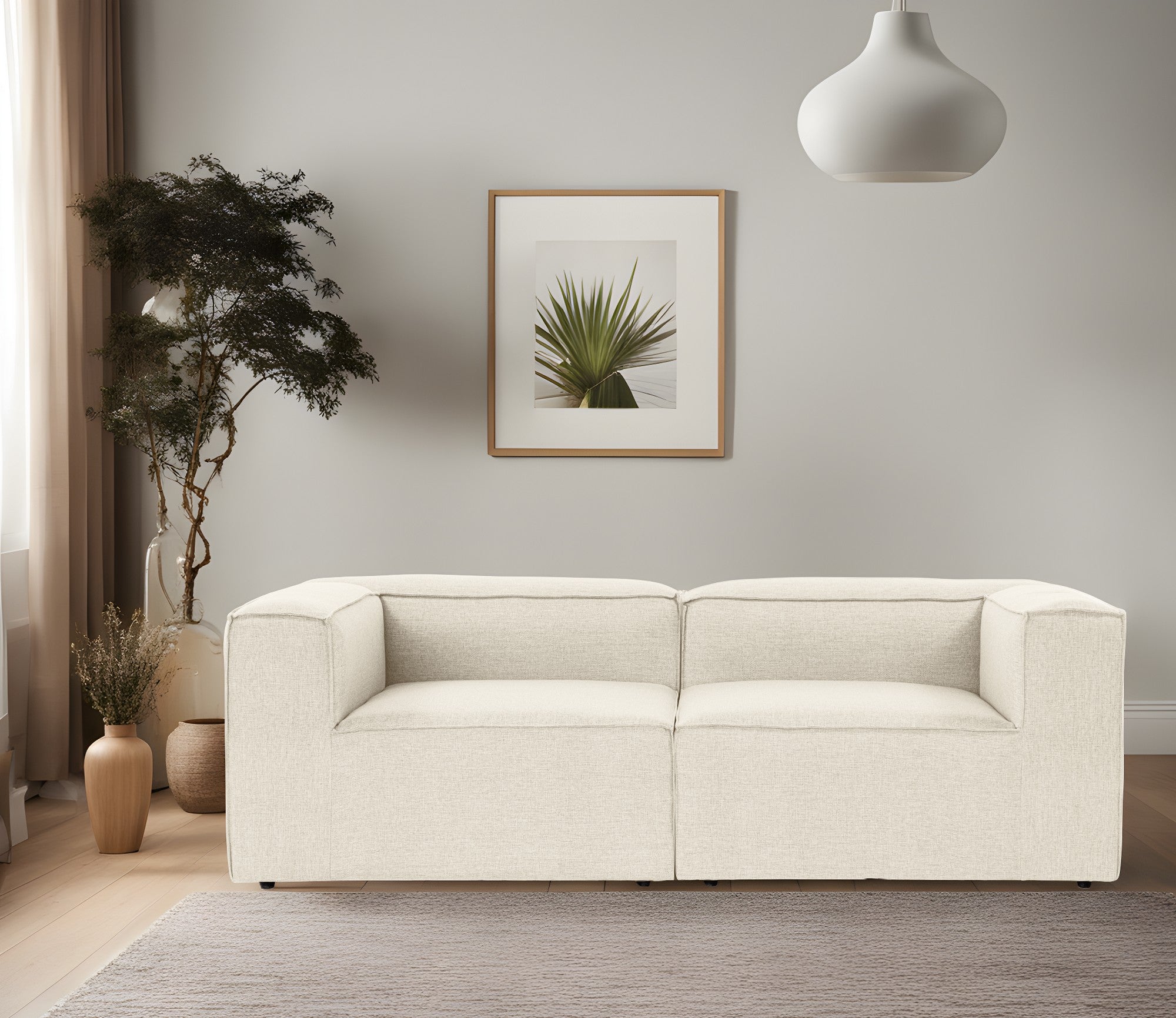 Sofá de 2 lugares em cru, estrutura 100% madeira de carpa, tecido 100% linho, espuma 32 DNS, 214 x 66 x 105 cm | Elegante e confortável para espaços de vida modernos