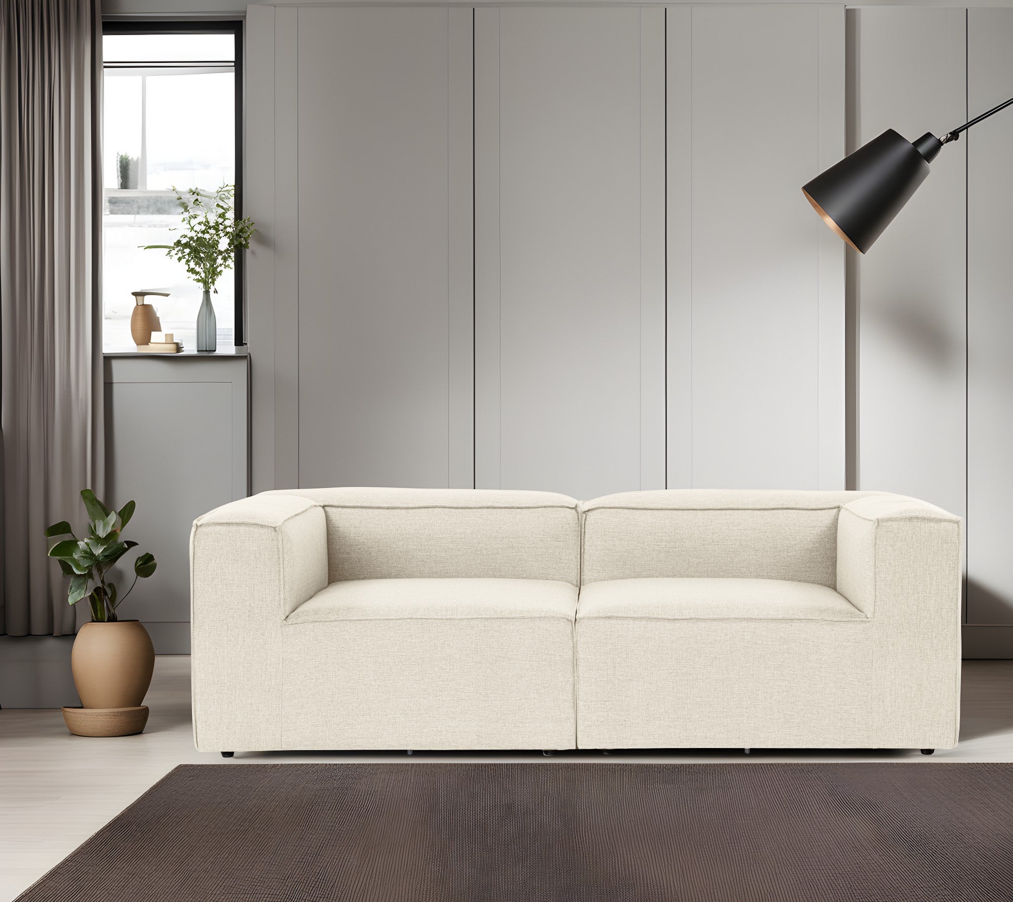 Sofá de 2 lugares em cru, estrutura 100% madeira de carpa, tecido 100% linho, espuma 32 DNS, 214 x 66 x 105 cm | Elegante e confortável para espaços de vida modernos