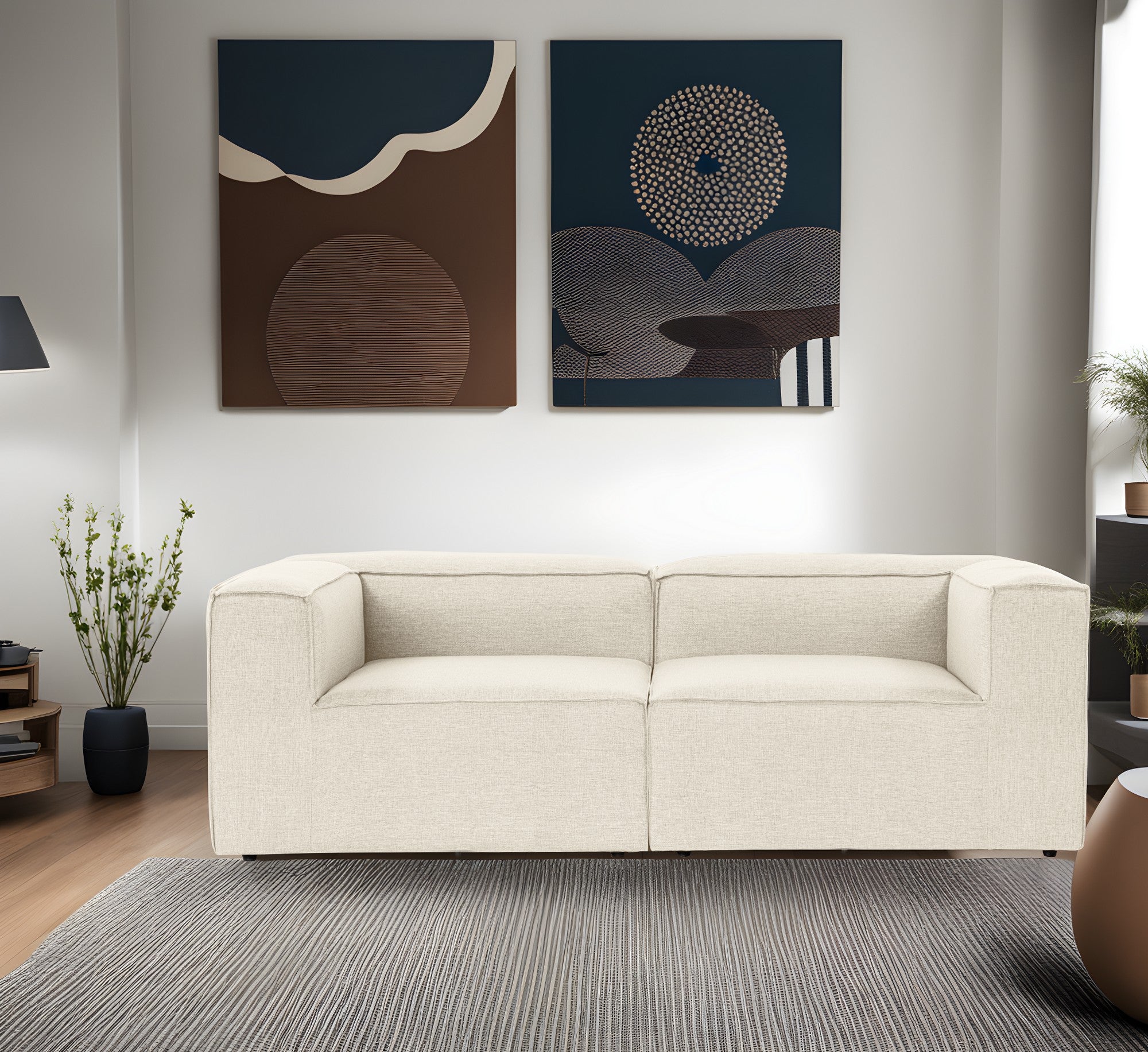 Sofá de 2 lugares em cru, estrutura 100% madeira de carpa, tecido 100% linho, espuma 32 DNS, 214 x 66 x 105 cm | Elegante e confortável para espaços de vida modernos