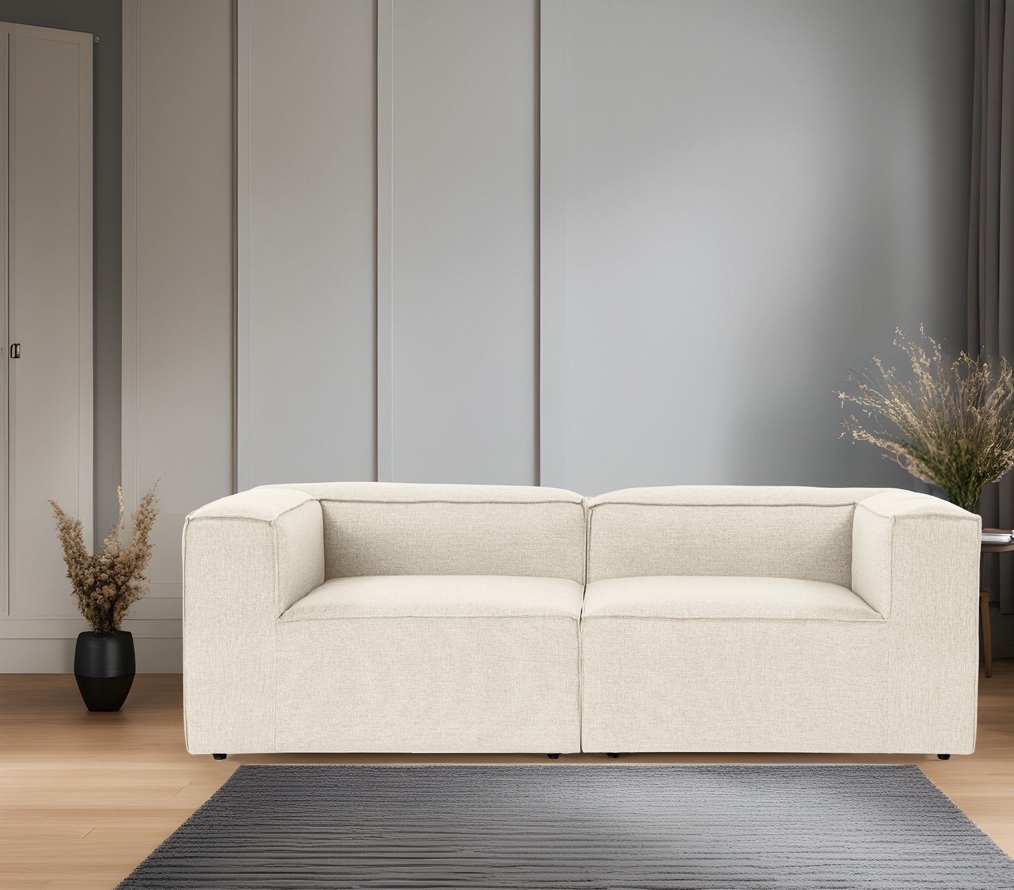 Sofá de 2 lugares em cru, estrutura 100% madeira de carpa, tecido 100% linho, espuma 32 DNS, 214 x 66 x 105 cm | Elegante e confortável para espaços de vida modernos