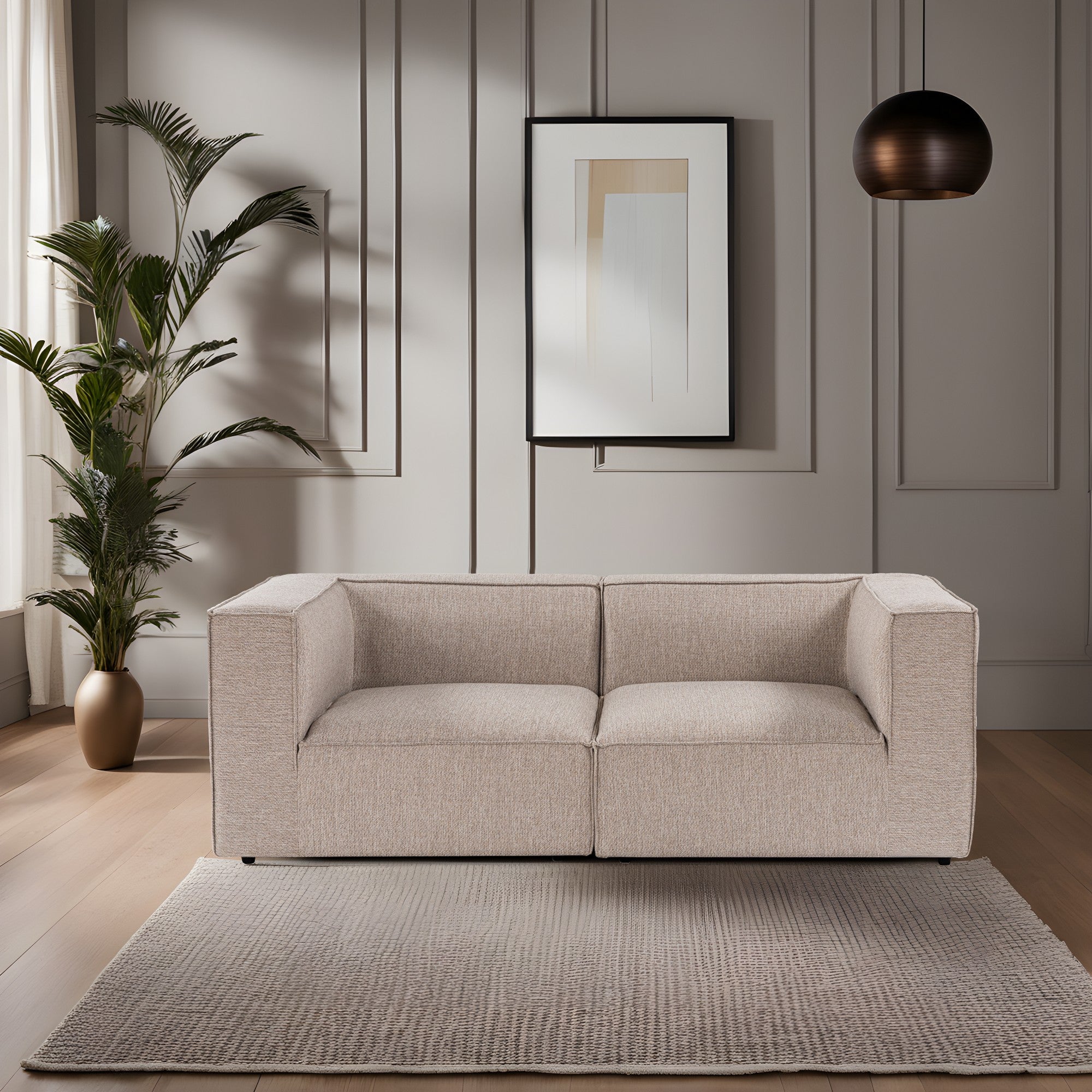 Sofá elegante de 2 lugares, bege areia, 190 x 95 x 65 cm | Estrutura 100% madeira de carpa, tecido 100% linho, espuma 32 DNS | Elegante e confortável para espaços de convivência modernos