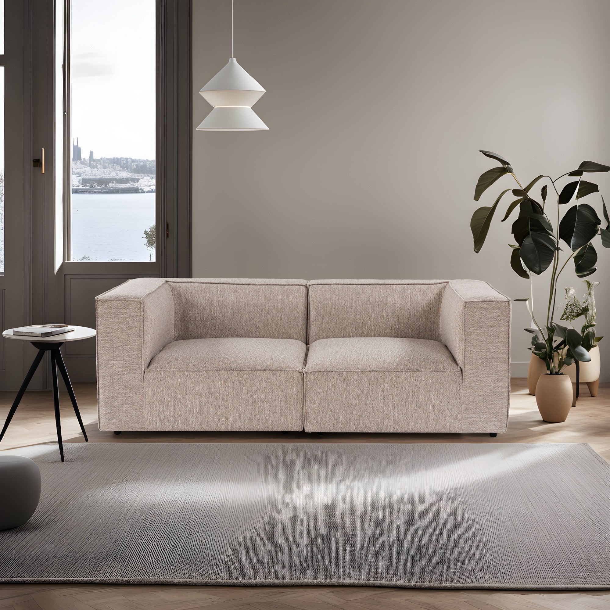 Sofá elegante de 2 lugares, bege areia, 190 x 95 x 65 cm | Estrutura 100% madeira de carpa, tecido 100% linho, espuma 32 DNS | Elegante e confortável para espaços de convivência modernos