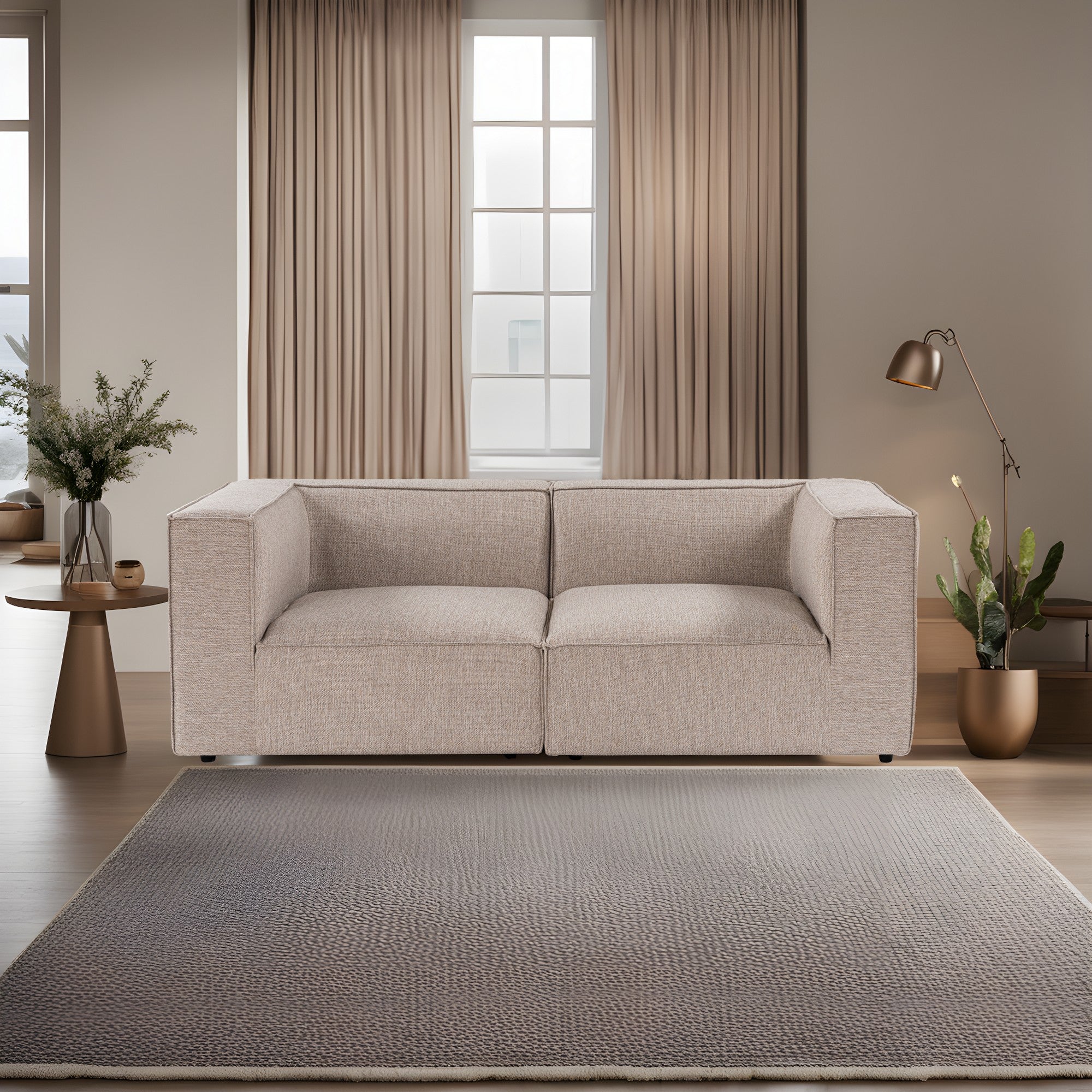 Sofá elegante de 2 lugares, bege areia, 190 x 95 x 65 cm | Estrutura 100% madeira de carpa, tecido 100% linho, espuma 32 DNS | Elegante e confortável para espaços de convivência modernos