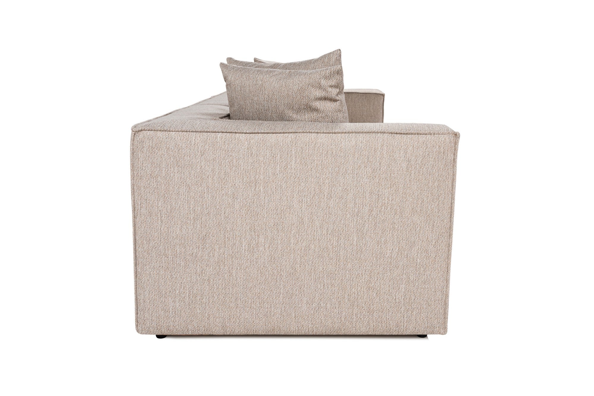 Sofá elegante de 3 lugares, bege areia, 270 cm | Estrutura 100% madeira de carpa, tecido 100% linho, espuma 32 DNS, pernas de plástico | Perfeito para salas de estar modernas