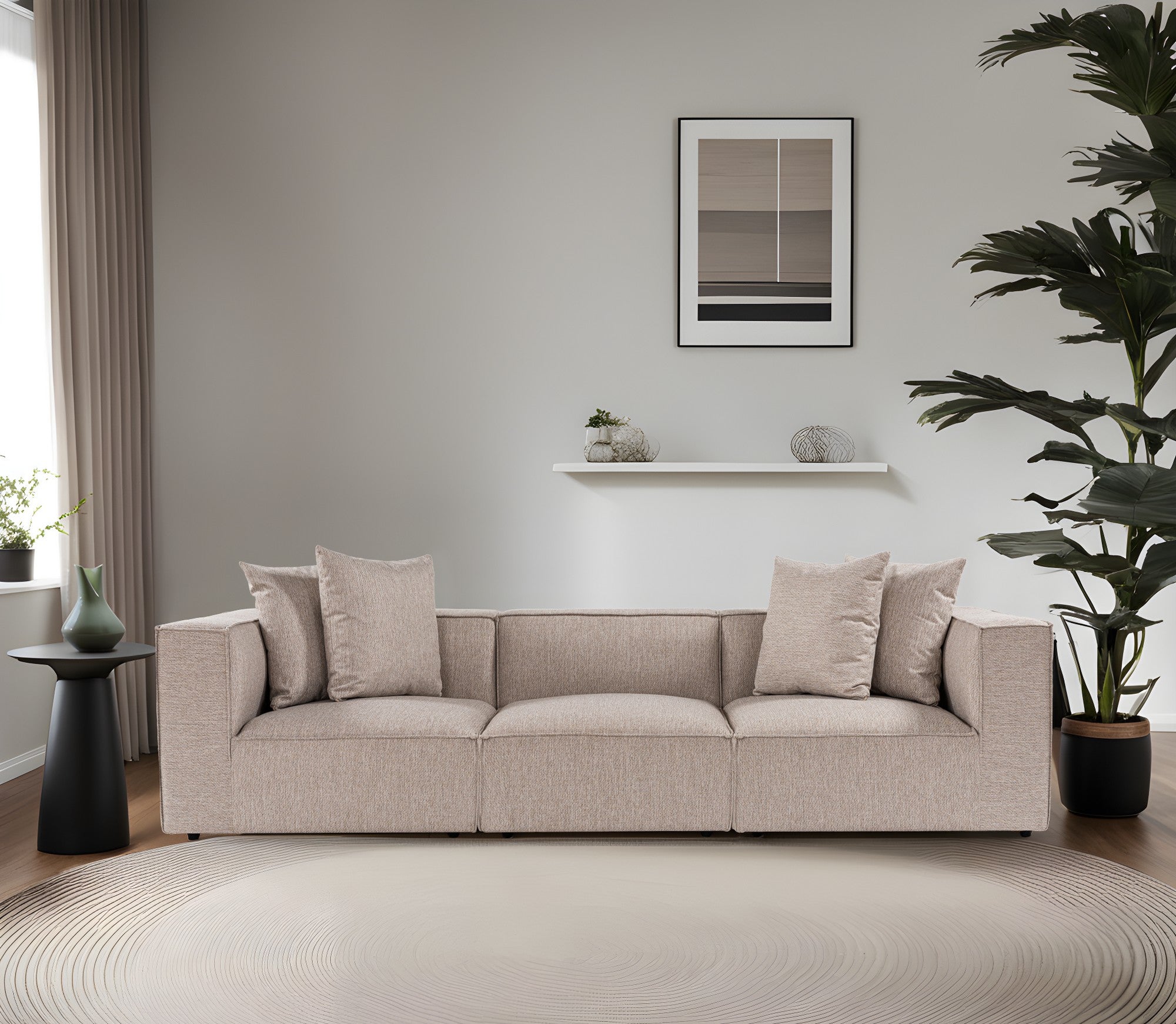 Sofá elegante de 3 lugares, bege areia, 270 cm | Estrutura 100% madeira de carpa, tecido 100% linho, espuma 32 DNS, pernas de plástico | Perfeito para salas de estar modernas
