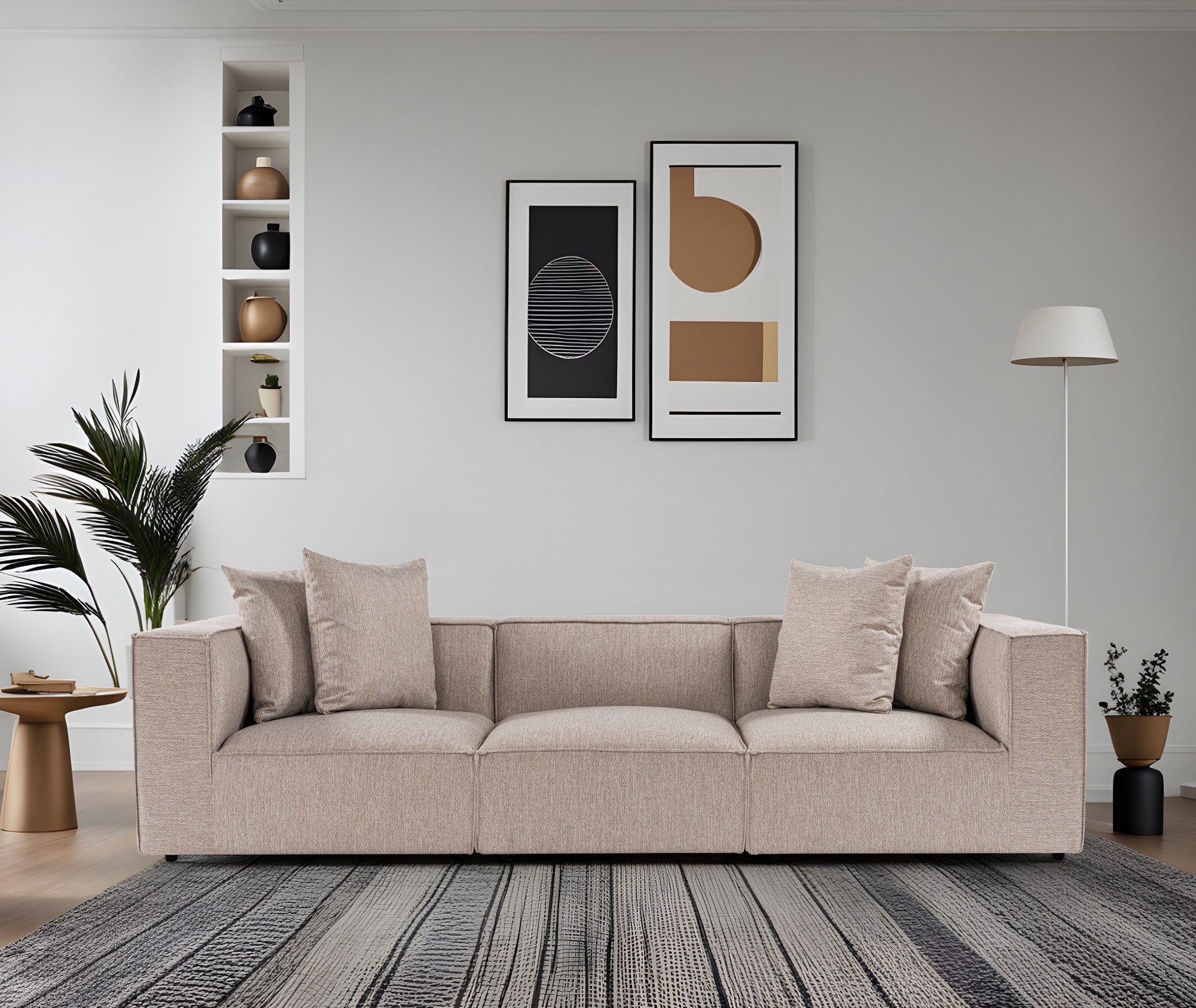 Sofá elegante de 3 lugares, bege areia, 270 cm | Estrutura 100% madeira de carpa, tecido 100% linho, espuma 32 DNS, pernas de plástico | Perfeito para salas de estar modernas
