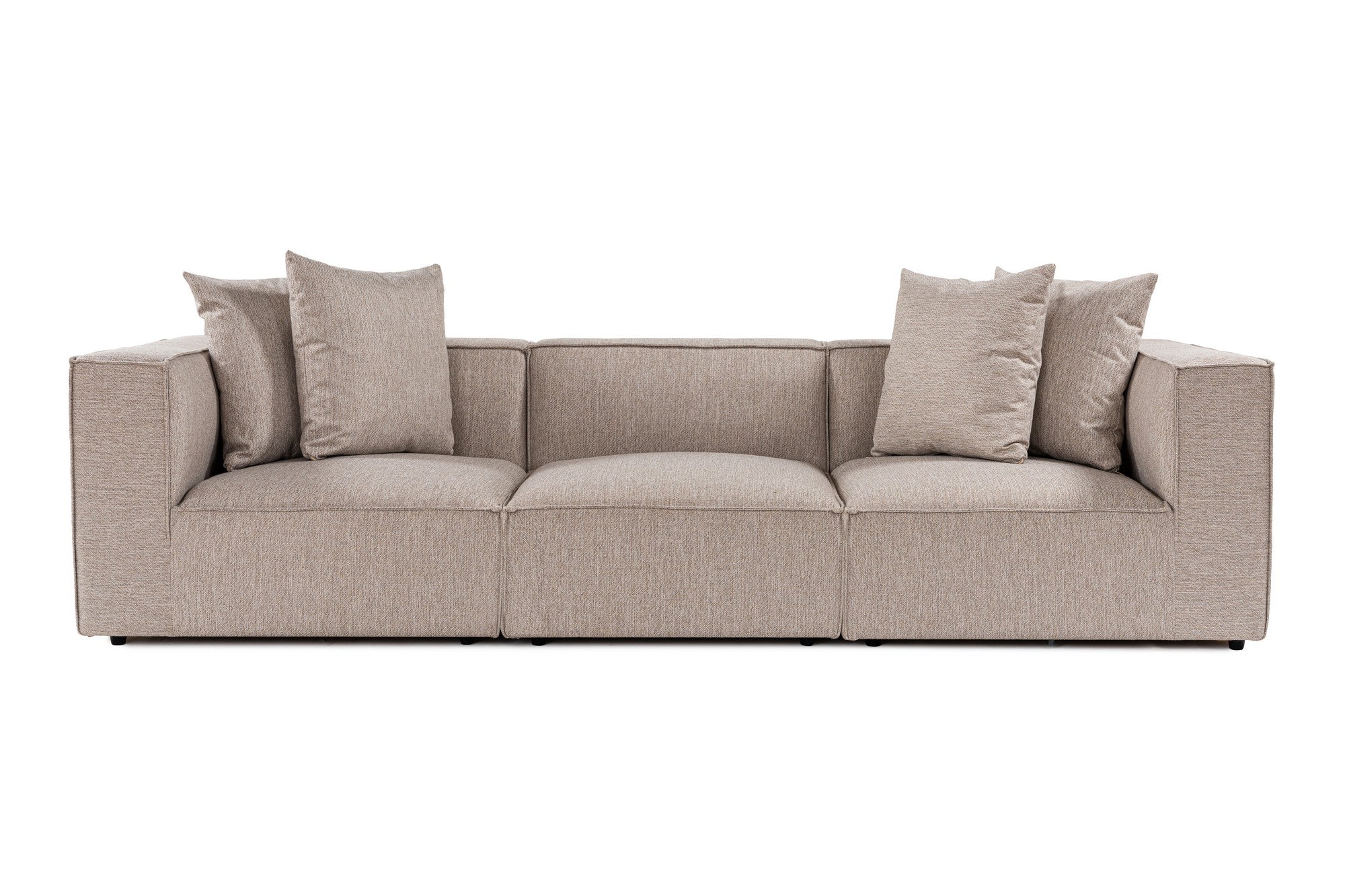 Sofá elegante de 3 lugares, bege areia, 270 cm | Estrutura 100% madeira de carpa, tecido 100% linho, espuma 32 DNS, pernas de plástico | Perfeito para salas de estar modernas