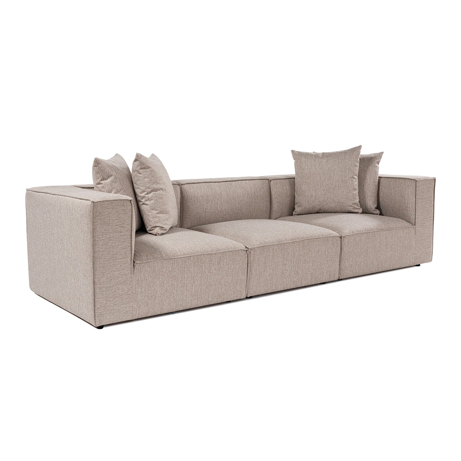 Sofá elegante de 3 lugares, bege areia, 270 cm | Estrutura 100% madeira de carpa, tecido 100% linho, espuma 32 DNS, pernas de plástico | Perfeito para salas de estar modernas