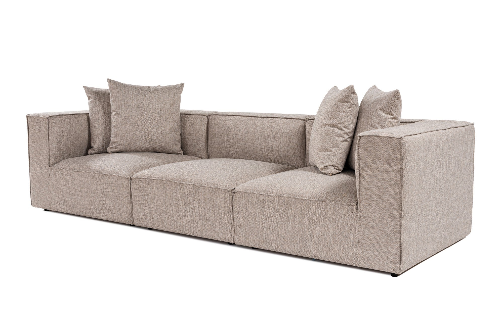 Sofá elegante de 3 lugares, bege areia, 270 cm | Estrutura 100% madeira de carpa, tecido 100% linho, espuma 32 DNS, pernas de plástico | Perfeito para salas de estar modernas