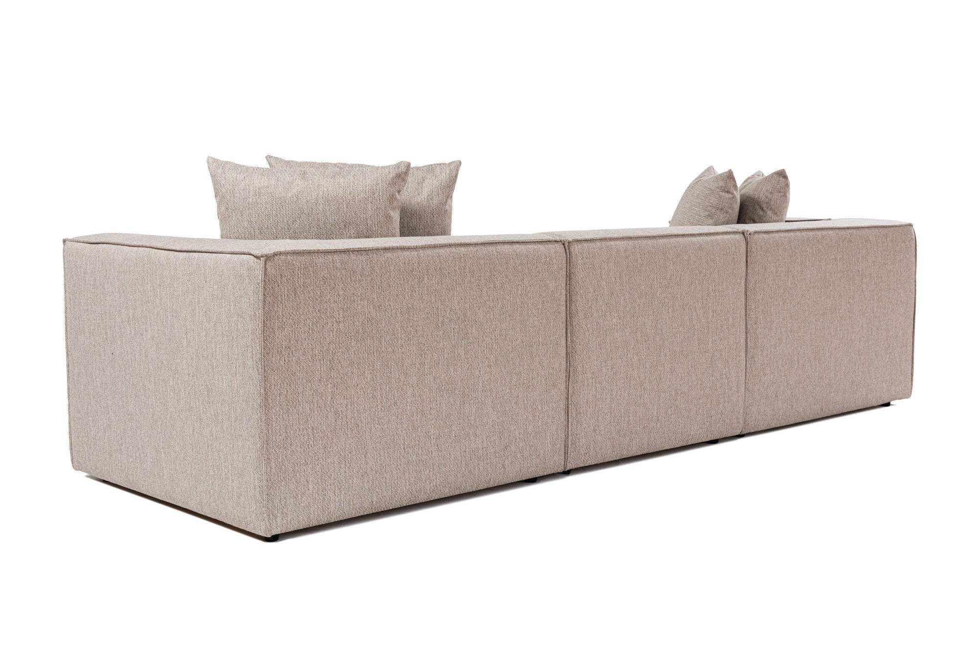 Sofá elegante de 3 lugares, bege areia, 270 cm | Estrutura 100% madeira de carpa, tecido 100% linho, espuma 32 DNS, pernas de plástico | Perfeito para salas de estar modernas