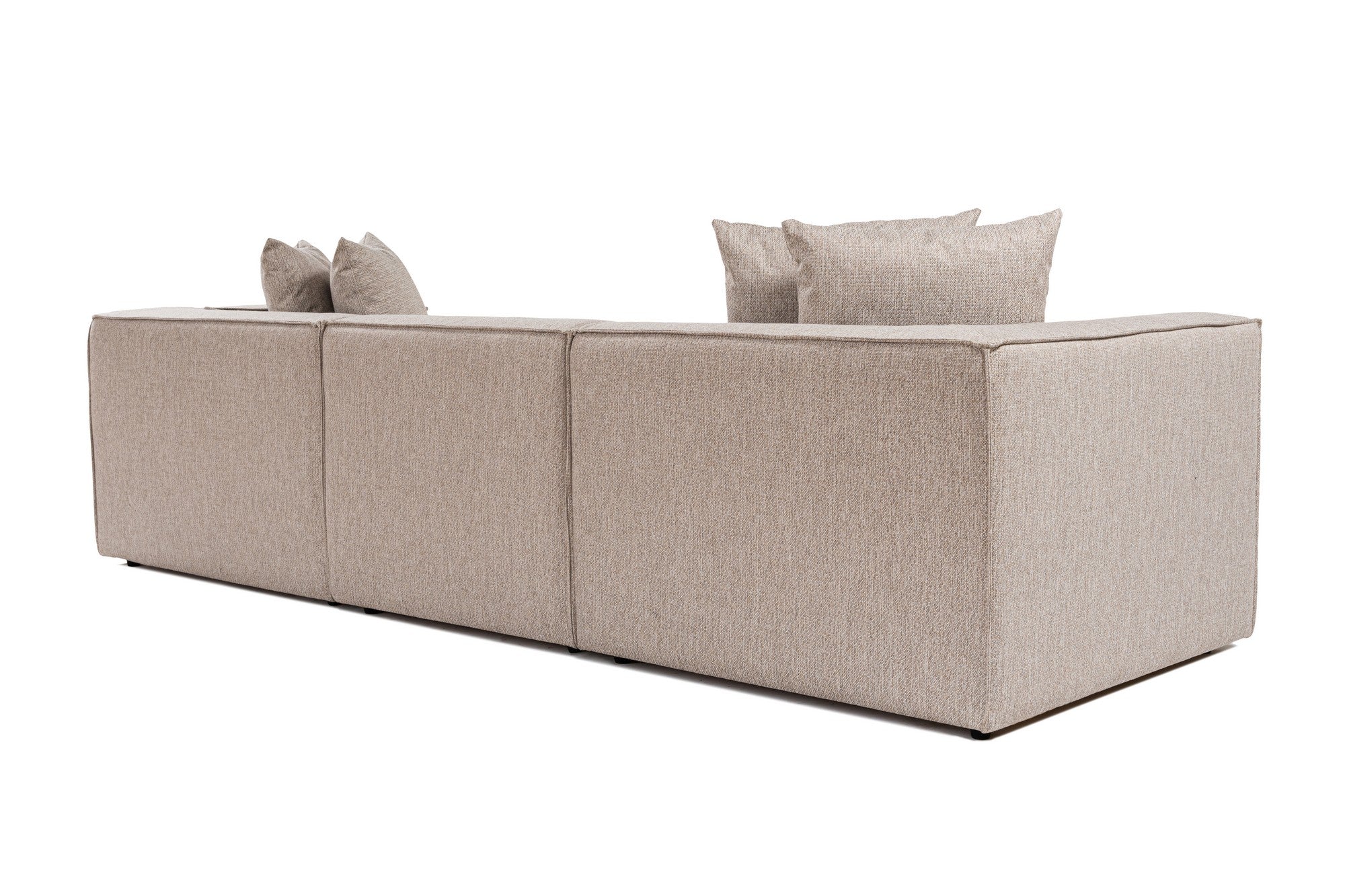 Sofá elegante de 3 lugares, bege areia, 270 cm | Estrutura 100% madeira de carpa, tecido 100% linho, espuma 32 DNS, pernas de plástico | Perfeito para salas de estar modernas