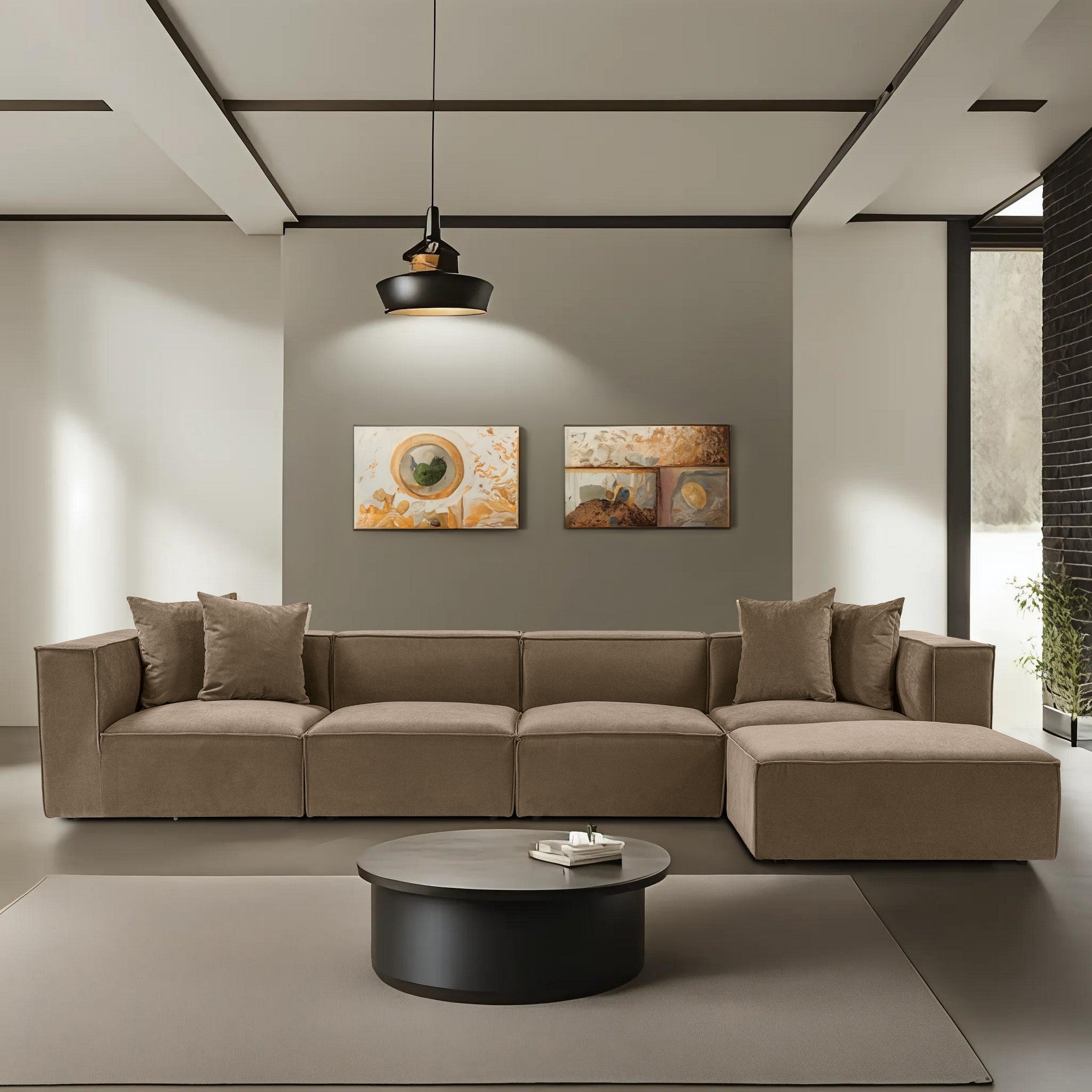 Sofá de canto elegante, marrom, 350 x 190 x 65 cm | Estrutura 100% madeira de carpa, tecido 100% linho, assentos de espuma 32 DNS, inclui pufe | Perfeito para salas de estar modernas