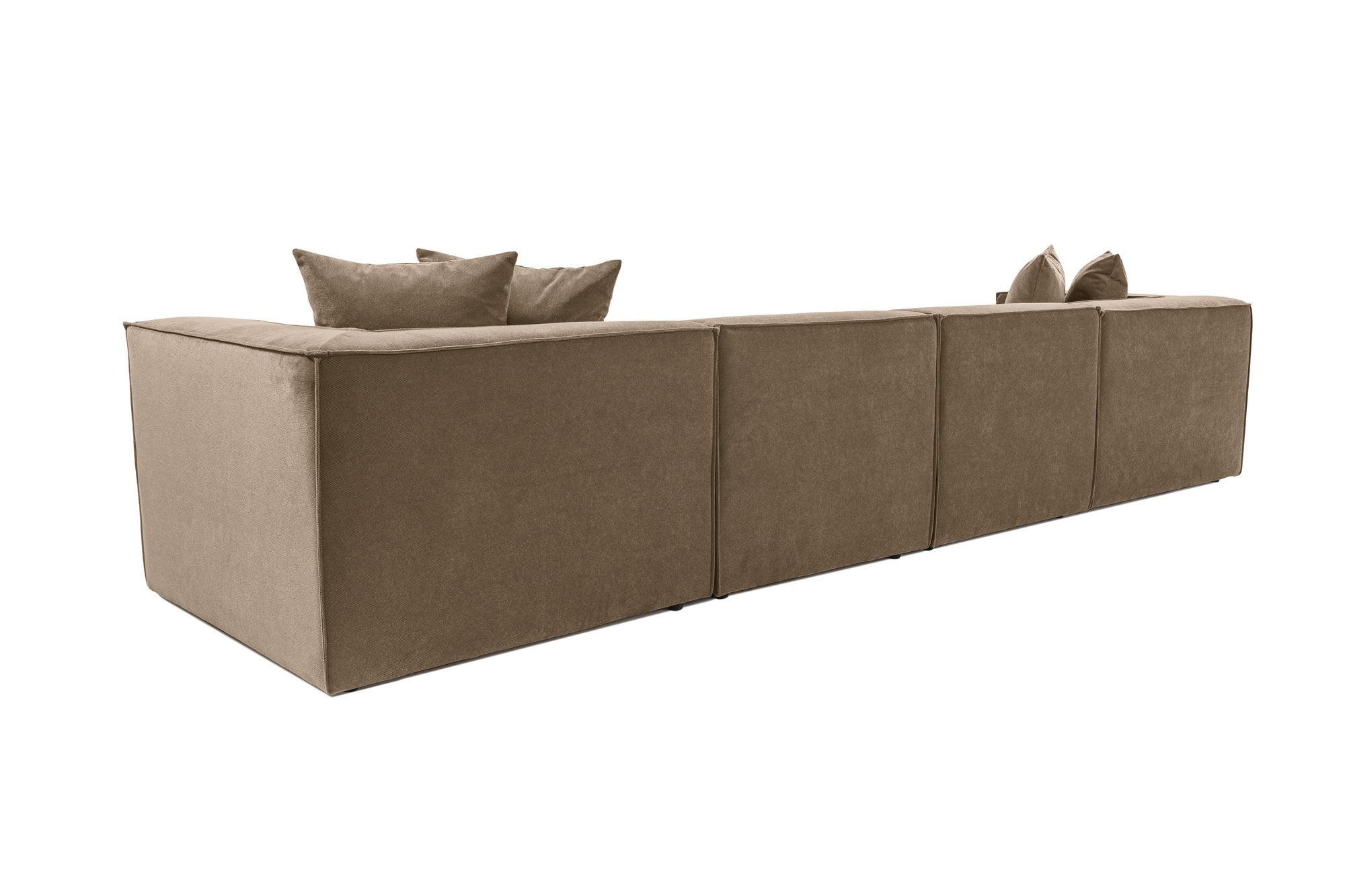 Sofá de canto elegante, marrom, 350 x 190 x 65 cm | Estrutura 100% madeira de carpa, tecido 100% linho, assentos de espuma 32 DNS, inclui pufe | Perfeito para salas de estar modernas