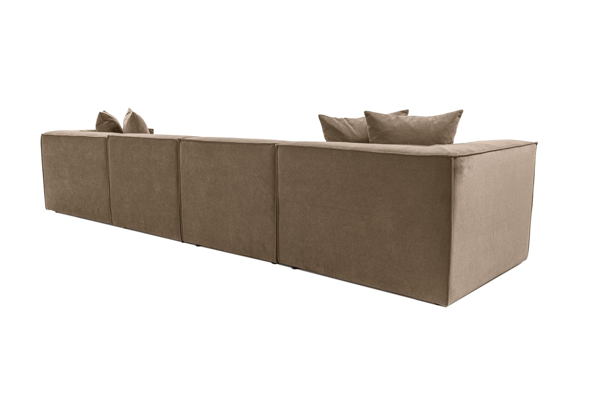 Sofá de canto elegante, marrom, 350 x 190 x 65 cm | Estrutura 100% madeira de carpa, tecido 100% linho, assentos de espuma 32 DNS, inclui pufe | Perfeito para salas de estar modernas