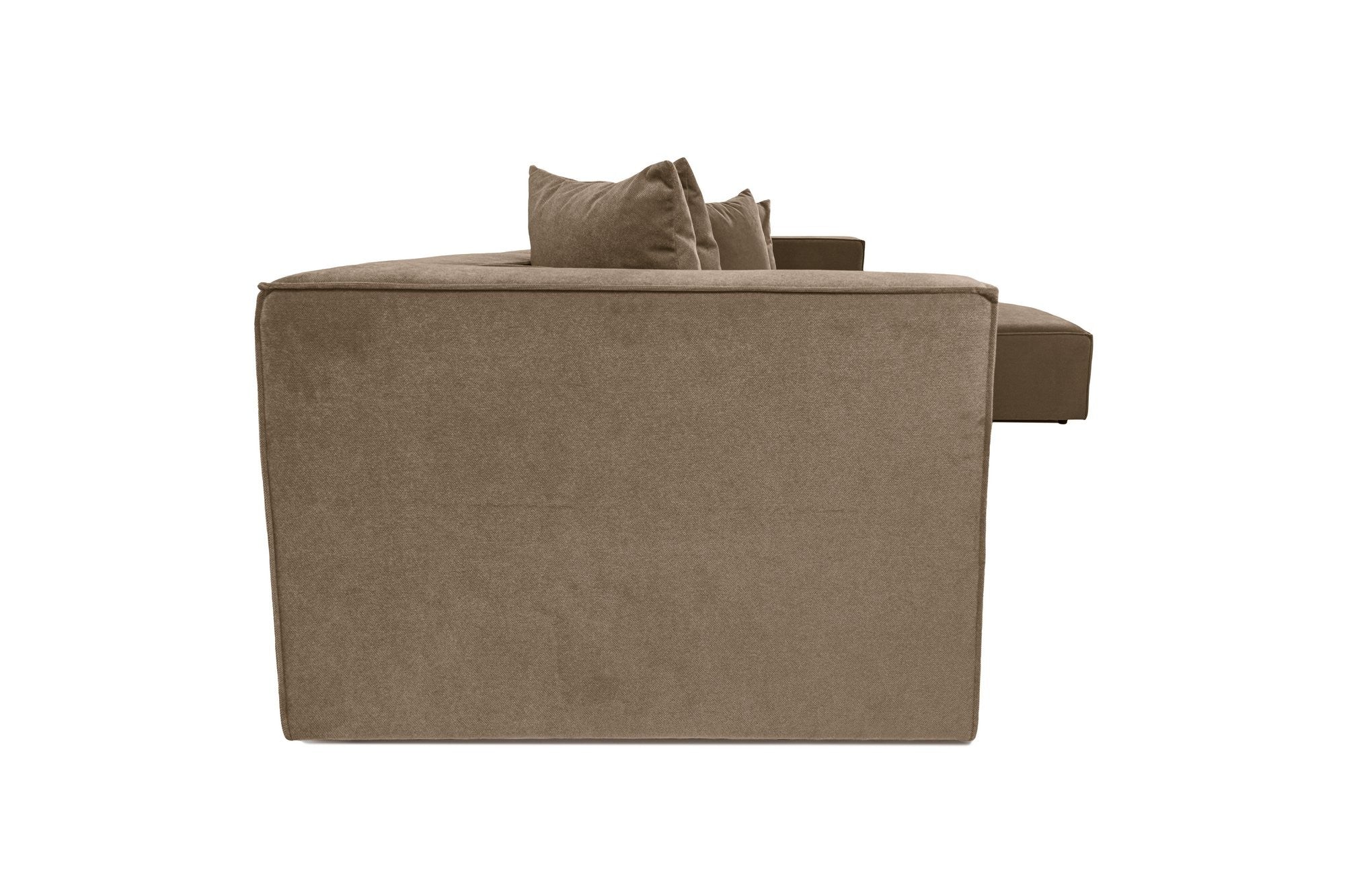 Sofá de canto elegante, marrom, 350 x 190 x 65 cm | Estrutura 100% madeira de carpa, tecido 100% linho, assentos de espuma 32 DNS, inclui pufe | Perfeito para salas de estar modernas