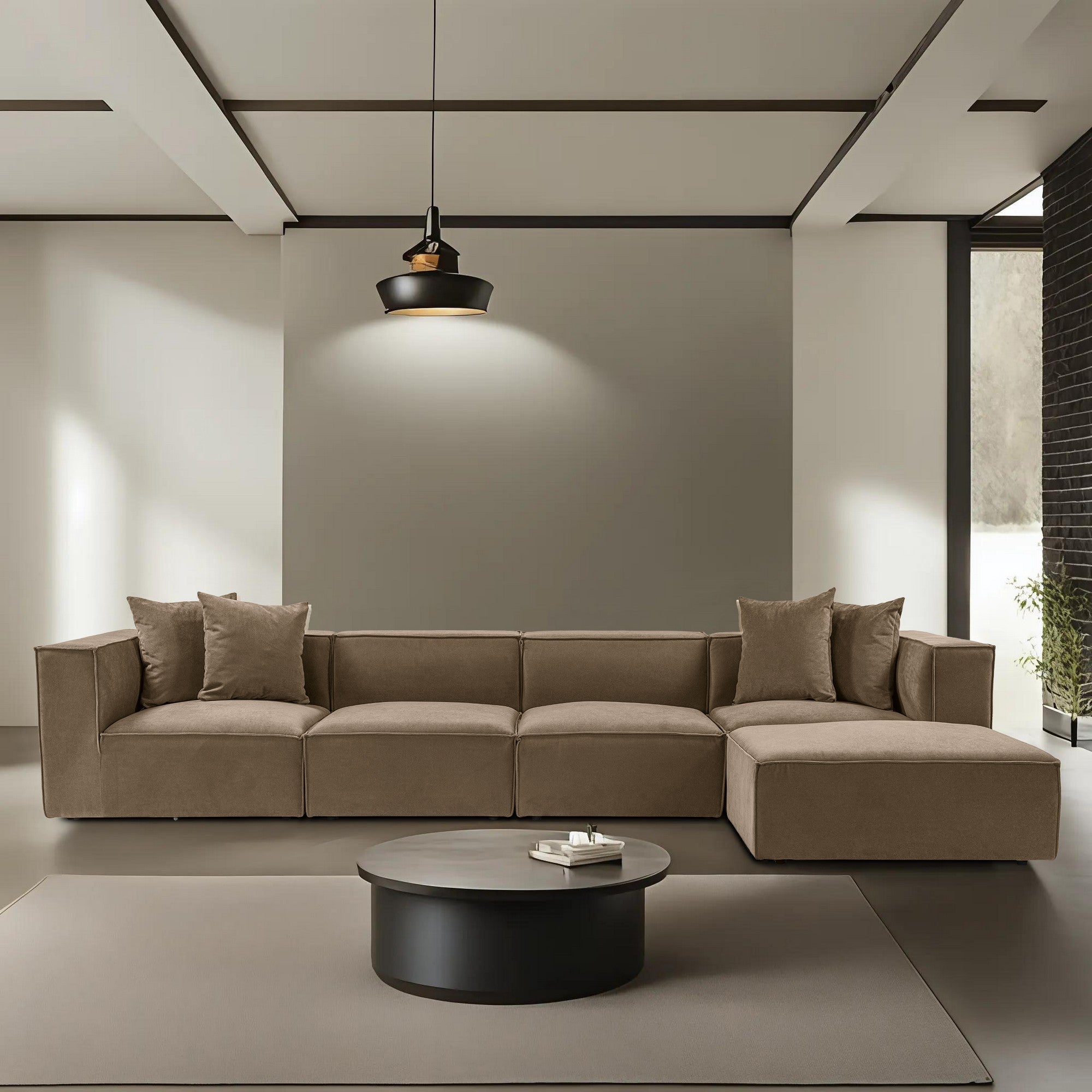 Sofá de canto elegante, marrom, 350 x 190 x 65 cm | Estrutura 100% madeira de carpa, tecido 100% linho, assentos de espuma 32 DNS, inclui pufe | Perfeito para salas de estar modernas