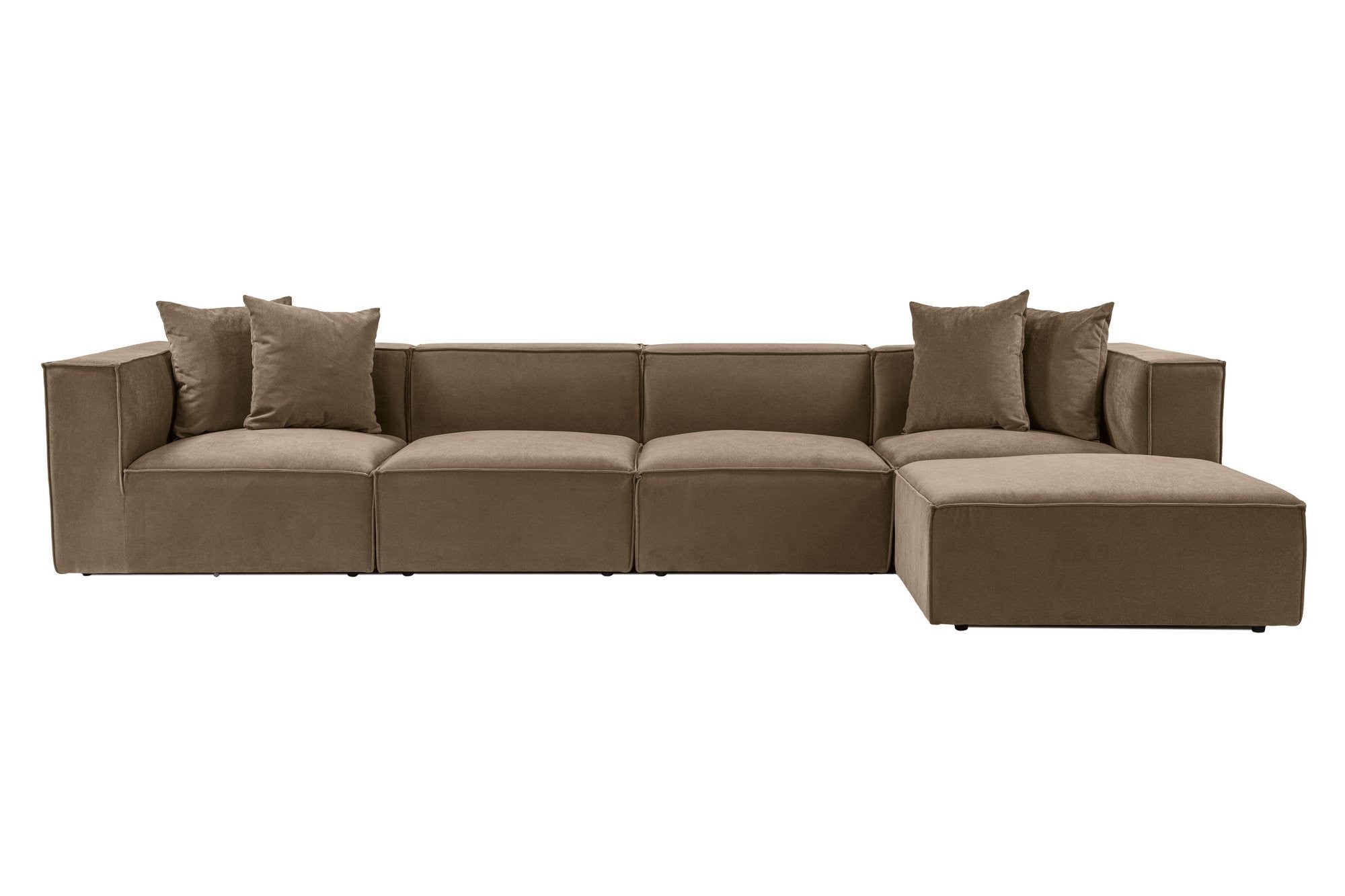 Sofá de canto elegante, marrom, 350 x 190 x 65 cm | Estrutura 100% madeira de carpa, tecido 100% linho, assentos de espuma 32 DNS, inclui pufe | Perfeito para salas de estar modernas