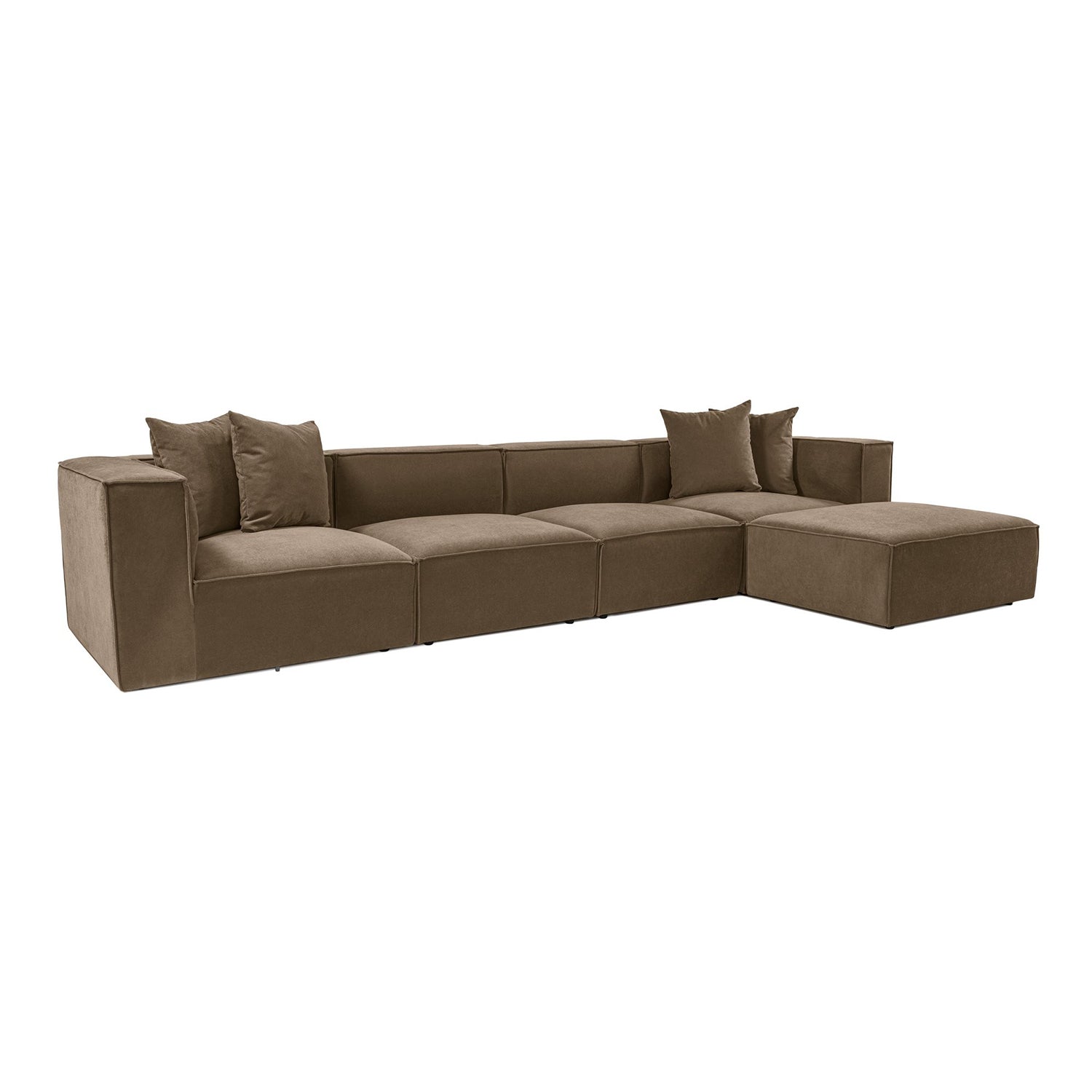 Sofá de canto elegante, marrom, 350 x 190 x 65 cm | Estrutura 100% madeira de carpa, tecido 100% linho, assentos de espuma 32 DNS, inclui pufe | Perfeito para salas de estar modernas