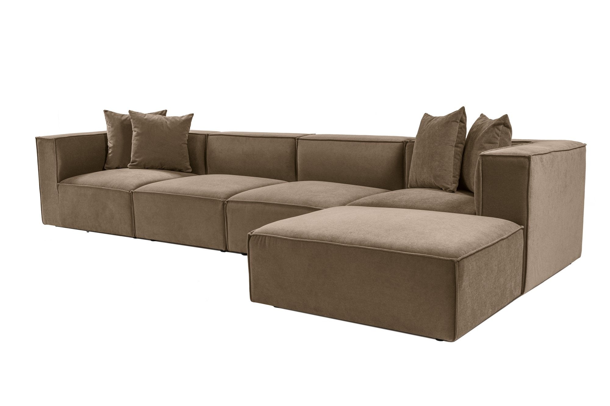 Sofá de canto elegante, marrom, 350 x 190 x 65 cm | Estrutura 100% madeira de carpa, tecido 100% linho, assentos de espuma 32 DNS, inclui pufe | Perfeito para salas de estar modernas