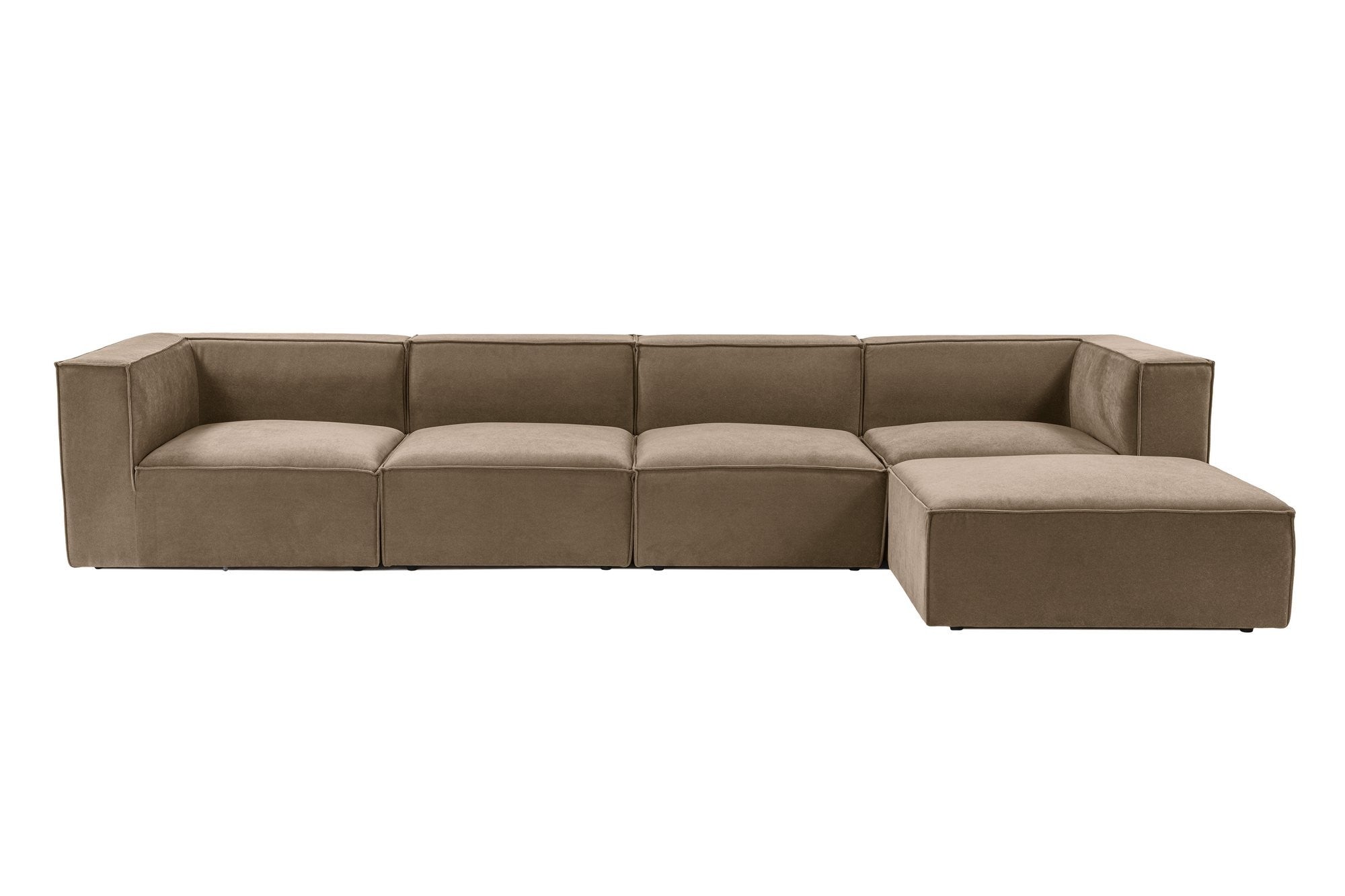 Sofá de canto elegante, marrom, 350 x 190 x 65 cm | Estrutura 100% madeira de carpa, tecido 100% linho, assentos de espuma 32 DNS, inclui pufe | Perfeito para salas de estar modernas