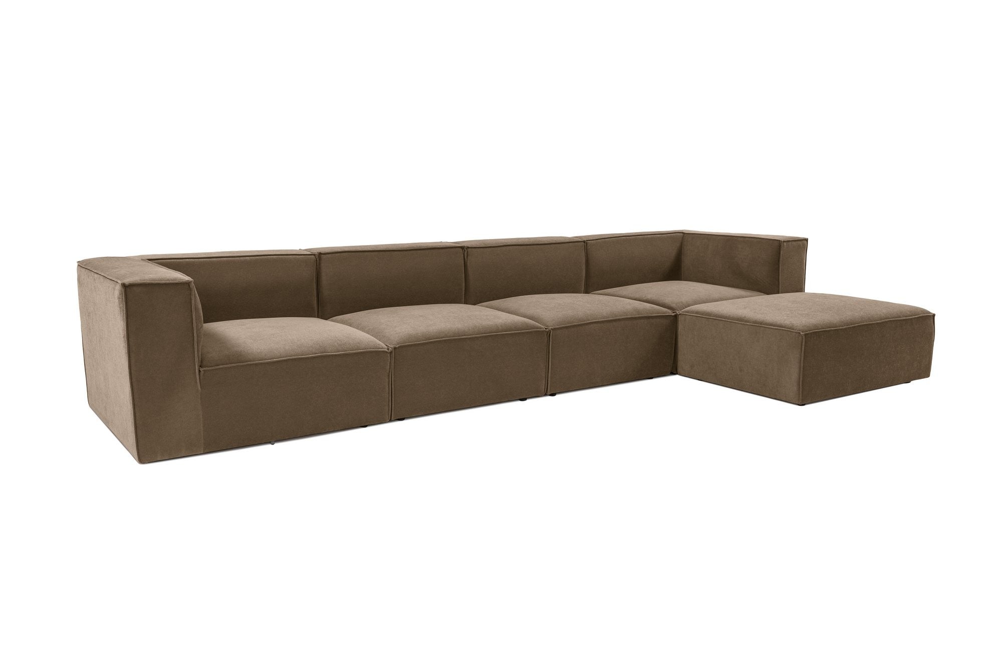 Sofá de canto elegante, marrom, 350 x 190 x 65 cm | Estrutura 100% madeira de carpa, tecido 100% linho, assentos de espuma 32 DNS, inclui pufe | Perfeito para salas de estar modernas