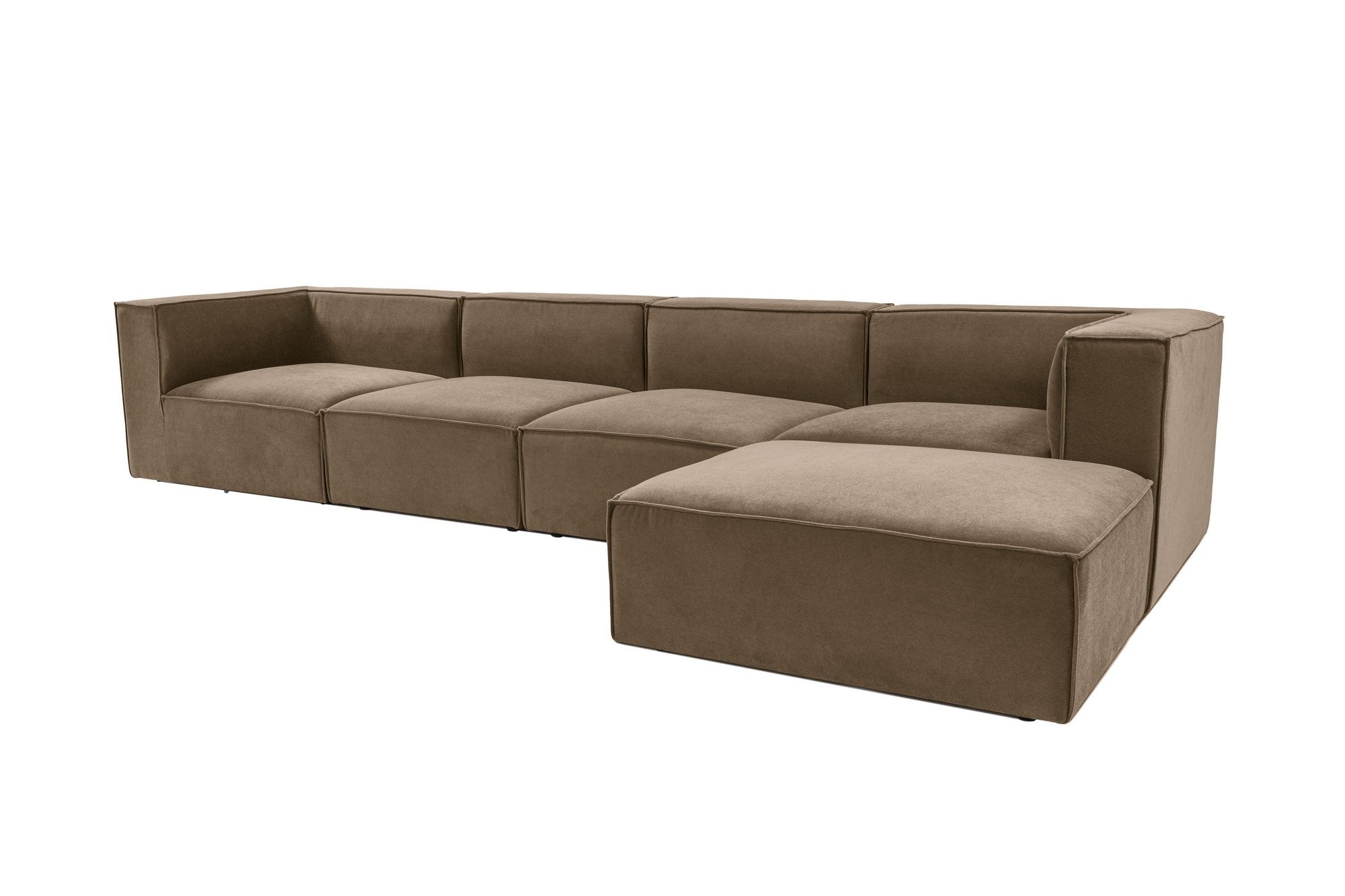 Sofá de canto elegante, marrom, 350 x 190 x 65 cm | Estrutura 100% madeira de carpa, tecido 100% linho, assentos de espuma 32 DNS, inclui pufe | Perfeito para salas de estar modernas