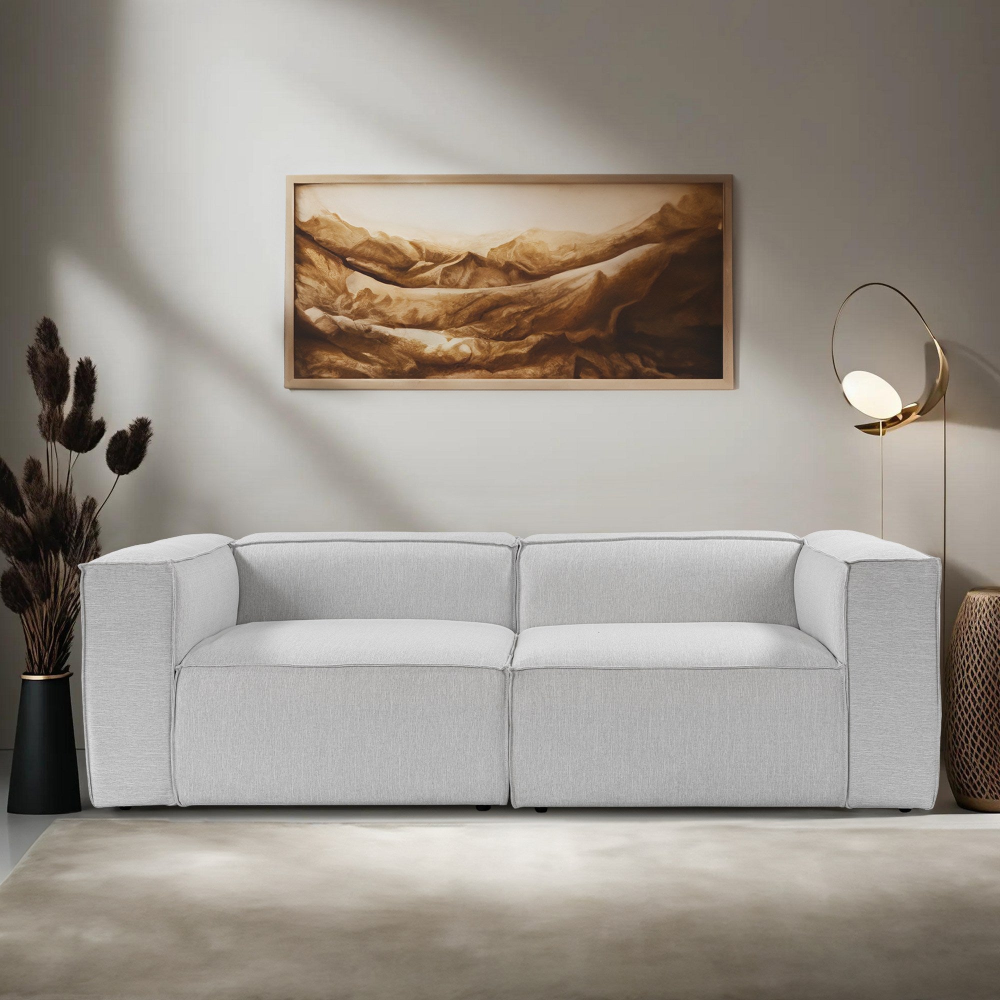 Sofá elegante de 2 lugares, cinza claro, 248 cm de largura | Estrutura 100% madeira de carpa, tecido 100% linho, espuma 32 DNS | Perfeito para salas de estar modernas e espaços aconchegantes