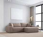 Sofá-cama de canto elegante, marrom, 260 cm | Estrutura em madeira de faia e aglomerado, 100% poliéster | Mecanismo deslizante, tecido lavável a seco, perfeito para ambientes modernos