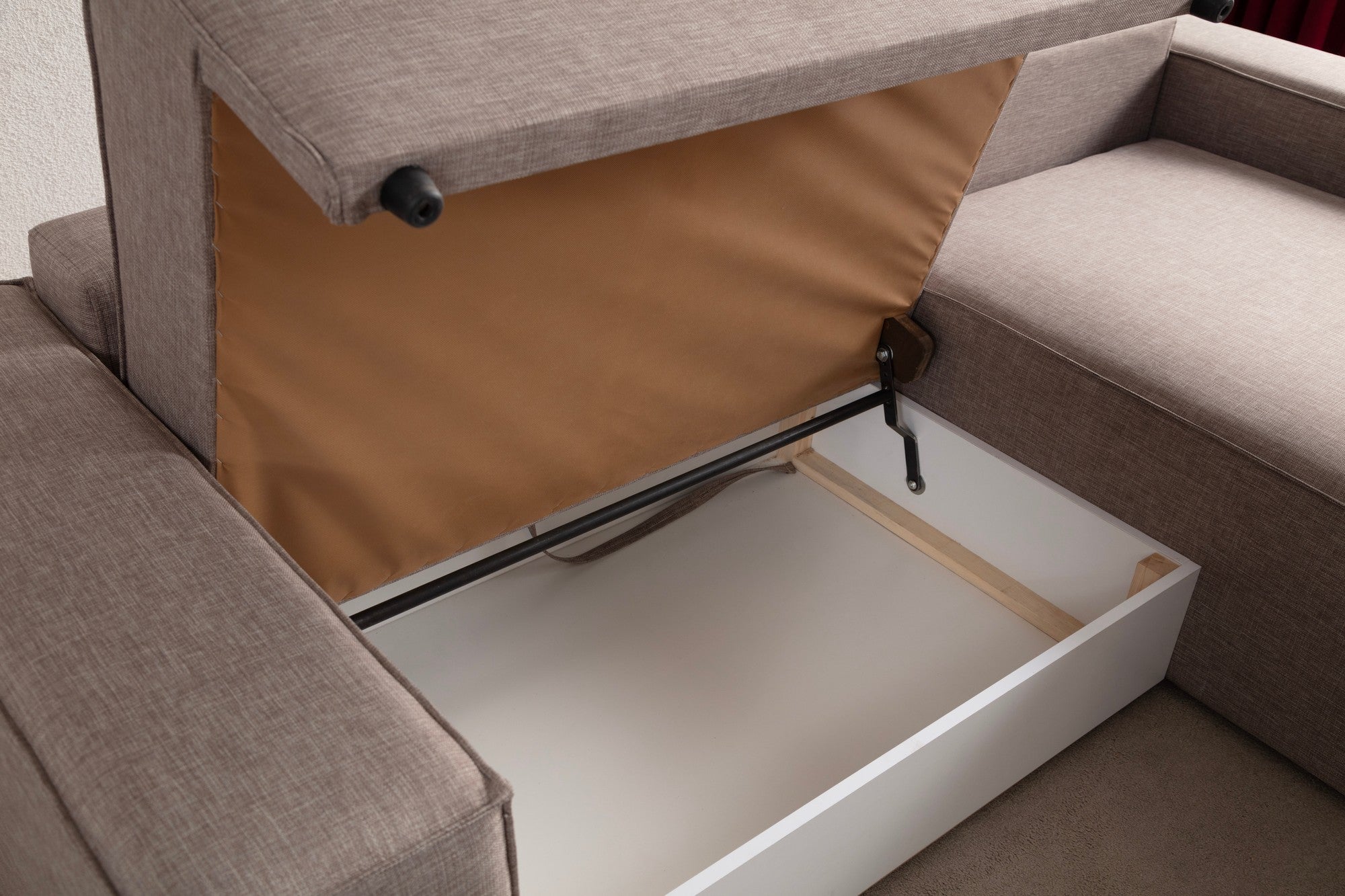 Sofá-cama de canto elegante, marrom, 260 cm | Estrutura em madeira de faia e aglomerado, 100% poliéster | Mecanismo deslizante, tecido lavável a seco, perfeito para ambientes modernos